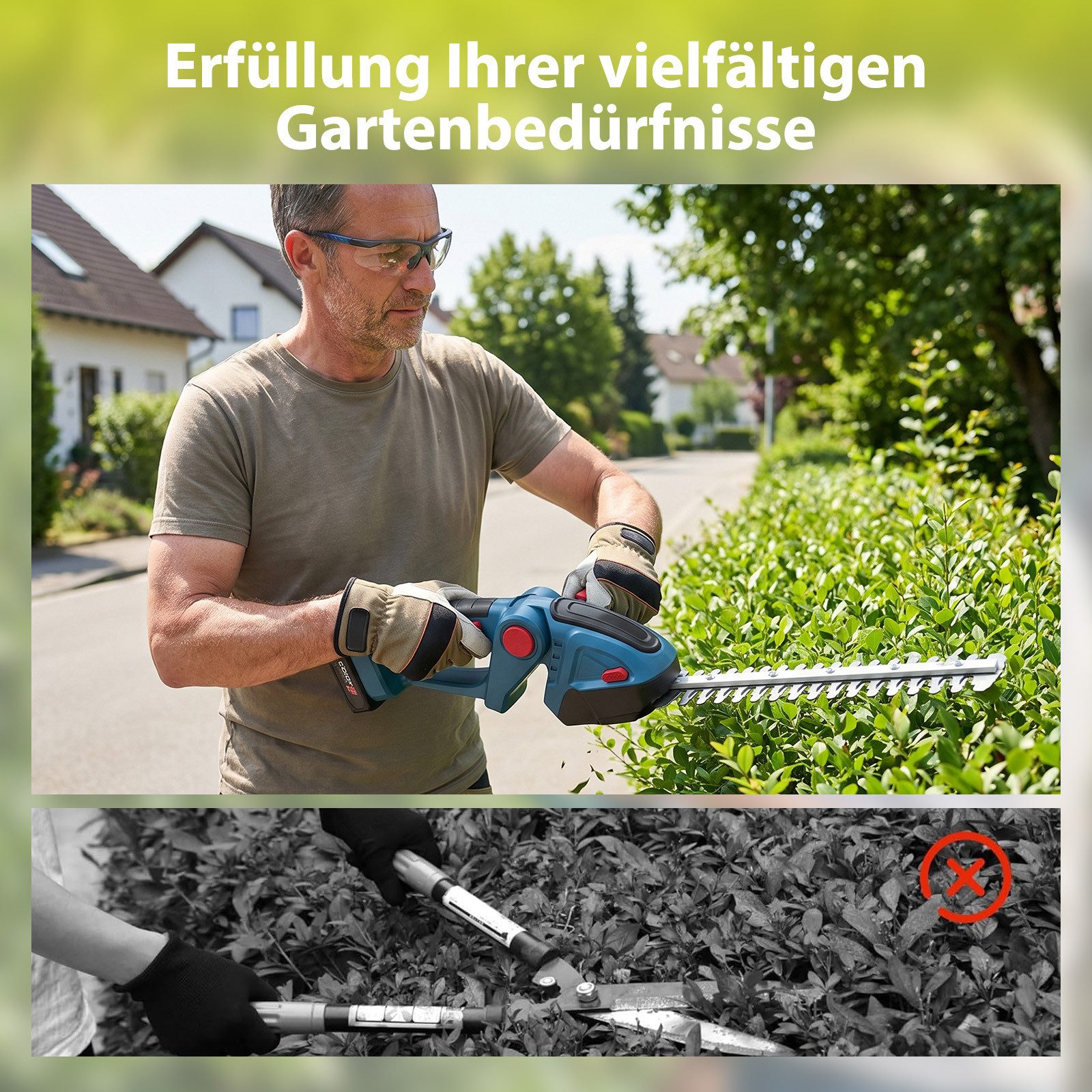 AKKEE Akku-Grasschere Akku Heckenschere 2-in-1 Akku-Grasschere mit 1500mAh Batterien, Doppelschalter