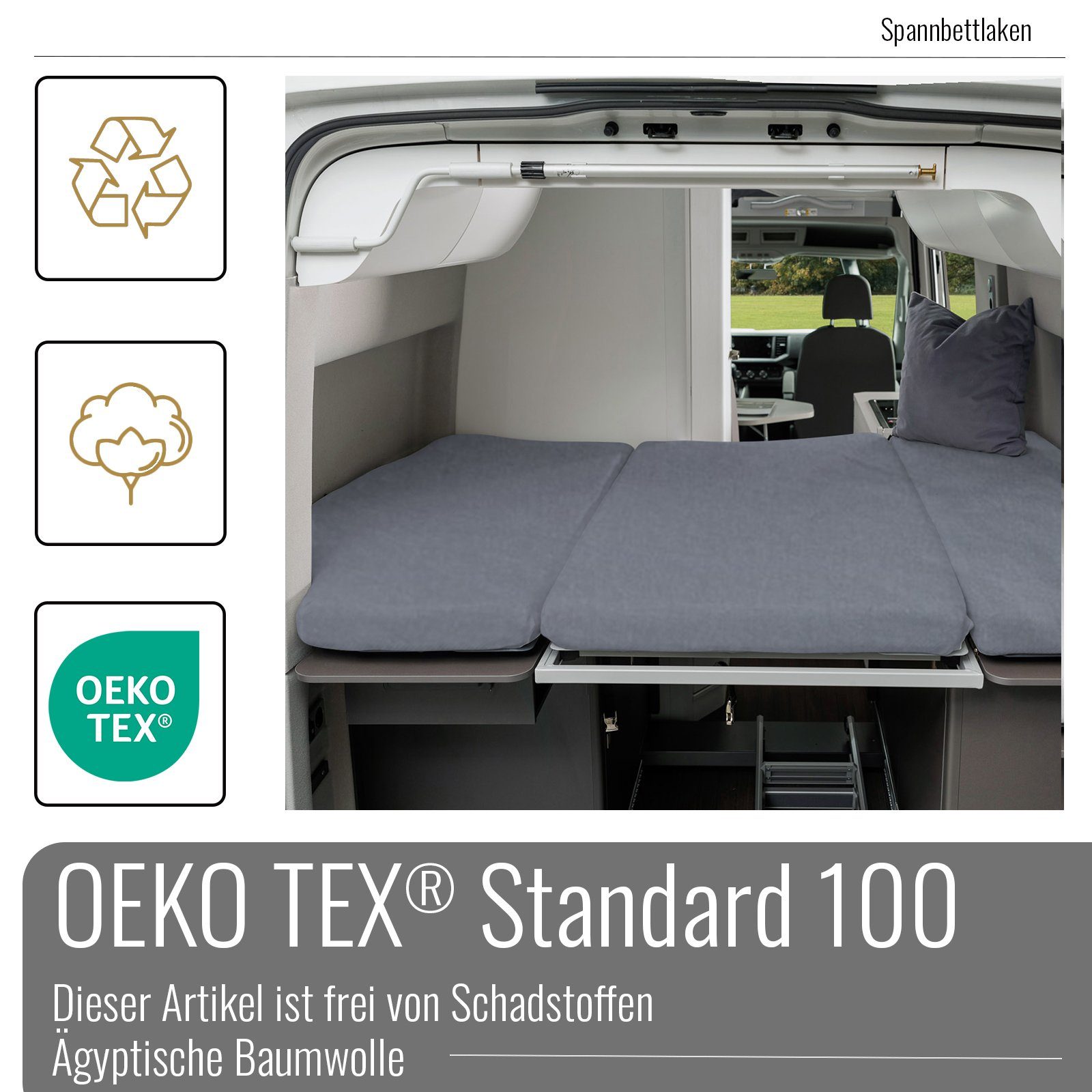 BLACK FOREST FOX Spannbettlaken VW Grand California 600 Camper Wohnmobil für 3 tlg. Matratze Heckbett, Baumwolle und Lycra (Elasthan), Gummizug: rundum, Grau
