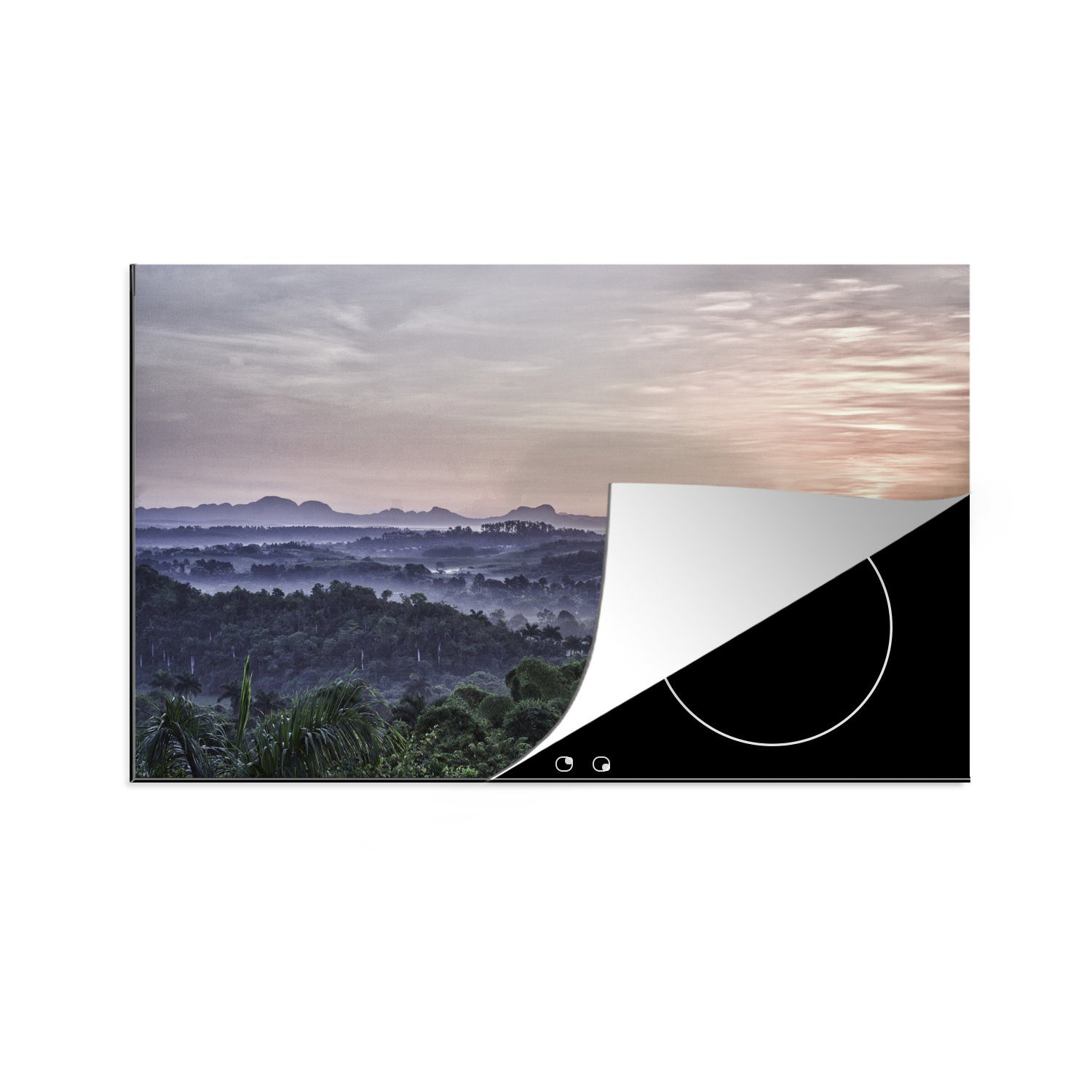 MuchoWow Herdblende-/Abdeckplatte Sonnenaufgang über dem nebligen Viñales im nordamerikanischen Kuba, Vinyl, (1 tlg), 81x52 cm, Induktionskochfeld Schutz für die küche, Ceranfeldabdeckung