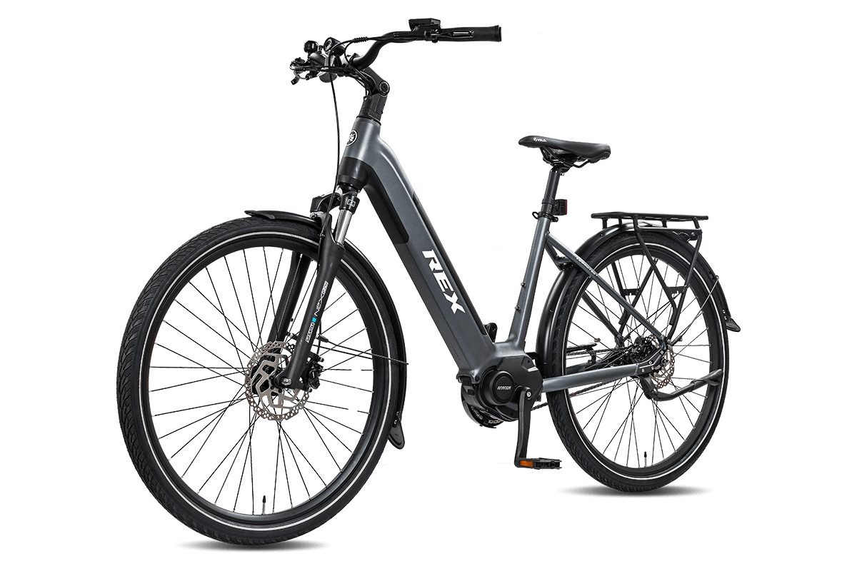 REX E-Bike City E-Bike REX Commuter+ 28 Zoll, 250W Mittelmotor, 468Wh Akku, 7 Gang SHIMANO Nexus 7-Gang Schaltwerk, Nabenschaltung, Mittelmotor Ananda M60, 468 Wh, (1 tlg), SHIMANO Nexus 7-Gang, Scheibenbremsen, matt grau/ matt blau