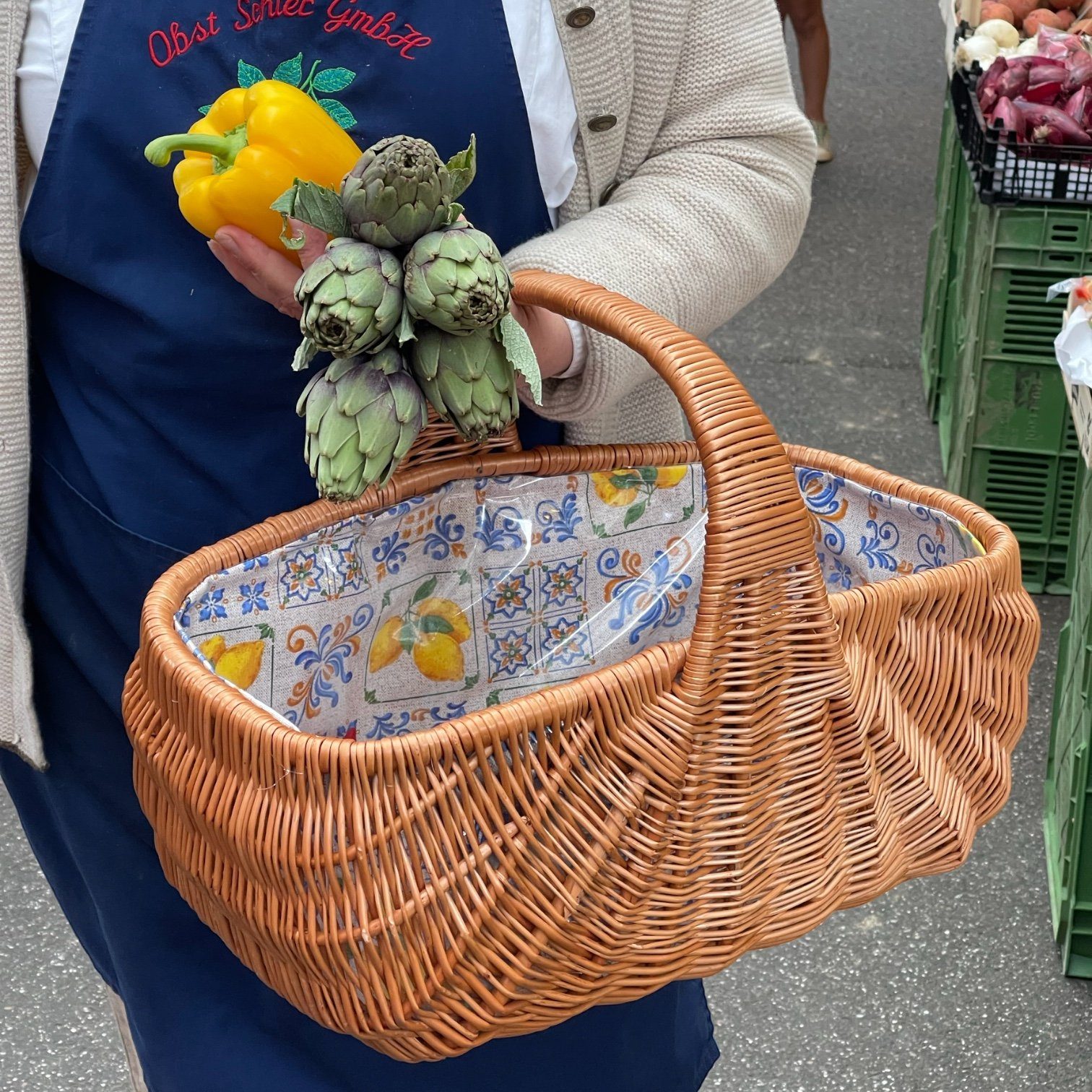 Weide aus Handarbeit und Zitronen Bukora® Blau Stoff, gemustertem Einkaufskorb mit Einkaufskorb Bukora® echte