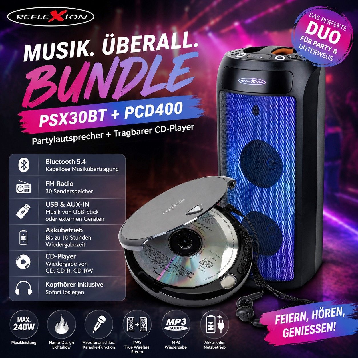 Reflexion PSX30BT Lautsprecher mit LED-Flammenlicht + tragbarer CD-Player Bluetooth-Lautsprecher (Bluetooth, 240 W, Bluetooth, Radio, Karaoke, Disco-Licht Effekte, Equalizer)