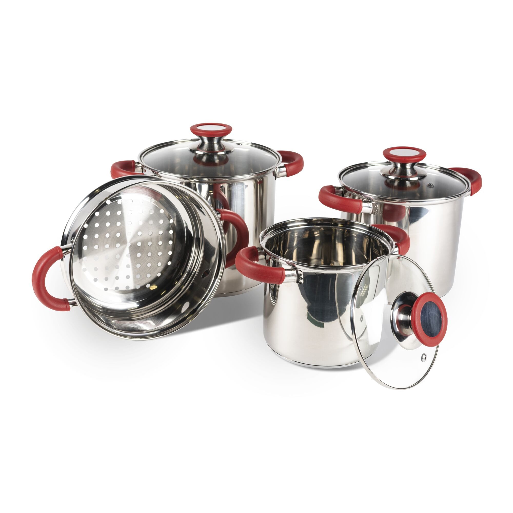 Kampa Dometic Topf-Set Space Saver Deluxe Cook Set, Edelstahl (3 Töpfe, 3 Deckel, 1 Sieb), stapelbar, hitzebeständige Griffe