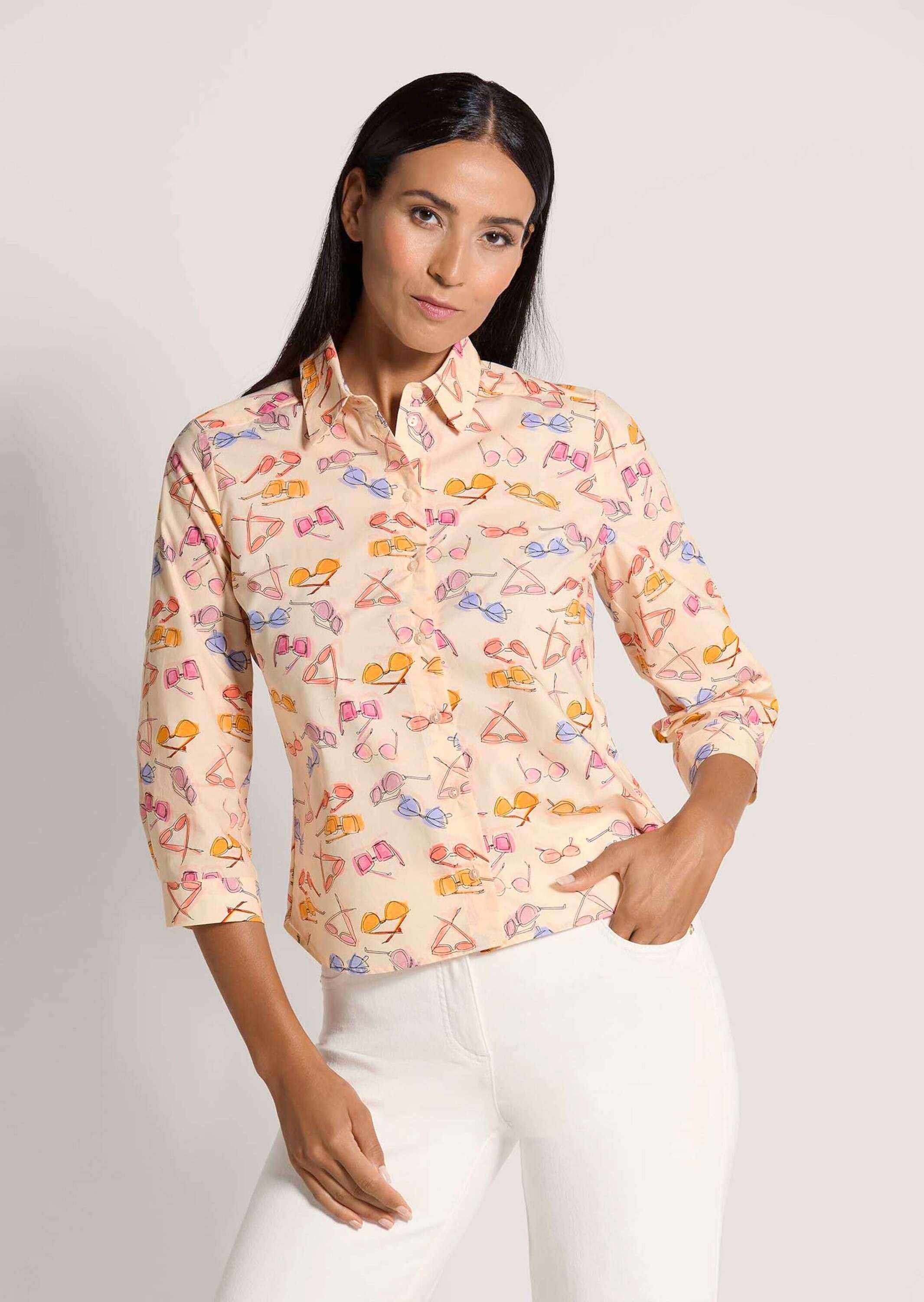 MADELEINE Hemdbluse Druckbluse mit Brillen-Muster Sommerbluse mit Hemdkragen, Knopfleiste und 3/4-Arm