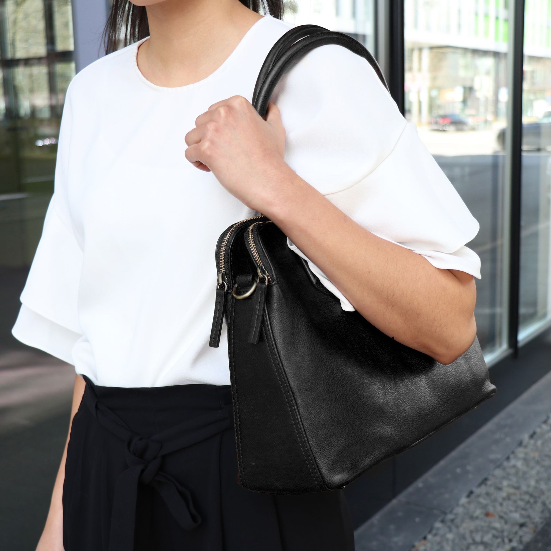 BACCINI Umhängetasche echt Leder Damen Businesstasche 13 Zoll schwarz, Laptoptasche 13 Zoll, Henkeltasche Aktentasche Echtleder Damen schwarz