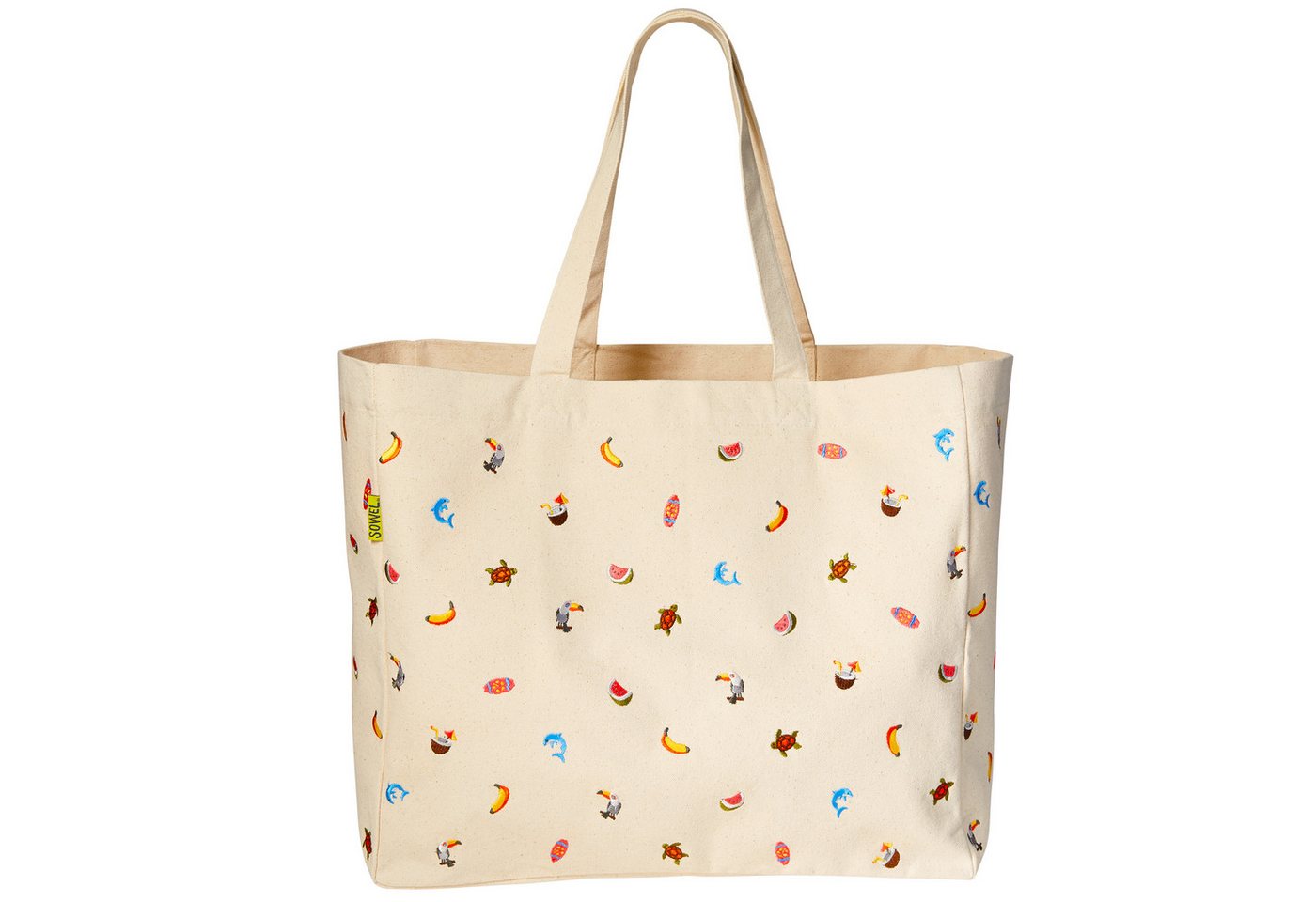 Sowel Strandtasche Sun Shopper, Umhängetasche für Damen und Herren, bestickt, Natur Baumwolle Canvas