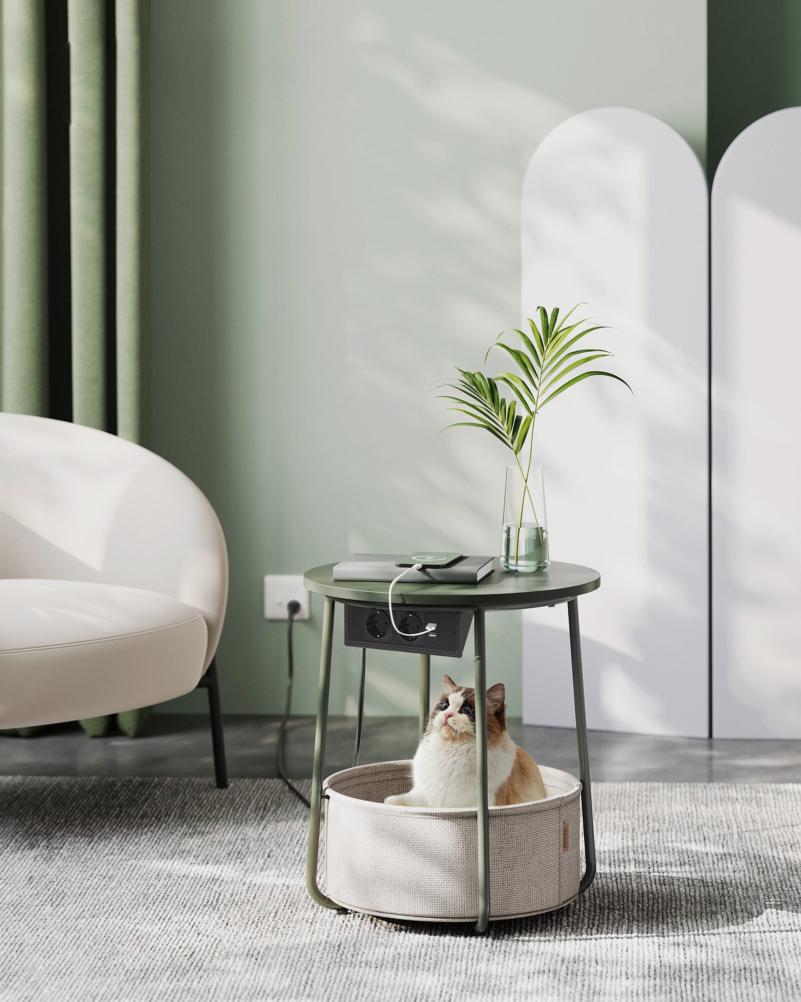 VASAGLE Beistelltisch, rund, mit Steckdose, USB-Anschlüsse, mit Korb aus St günstig online kaufen