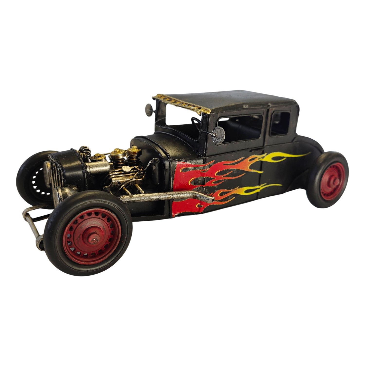 meberg Dekofigur Deko Blechauto Hot Rod Schwarz Metall 28 cm (1 St., Dekoration für Garage Werkstatt Männerzimmer Kein Spielzeug), US-Car Modell mit Flammen Retro Auto