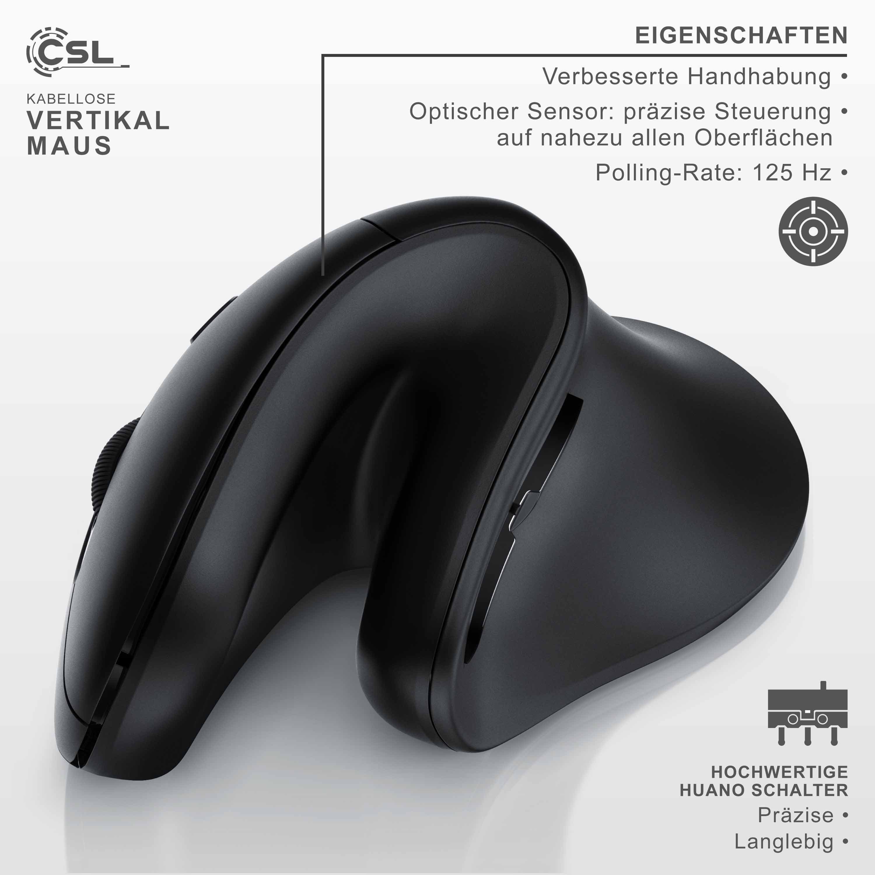 CSL mit 600-1600 DPI, optische Vertikalmaus, kabellos Funk und Bluethooth ergonomische Maus (Bluetooth, Funk, Wireless Mouse Mouse 2,4 Ghz & Bluetooth, Armschonend, PC und Mac)