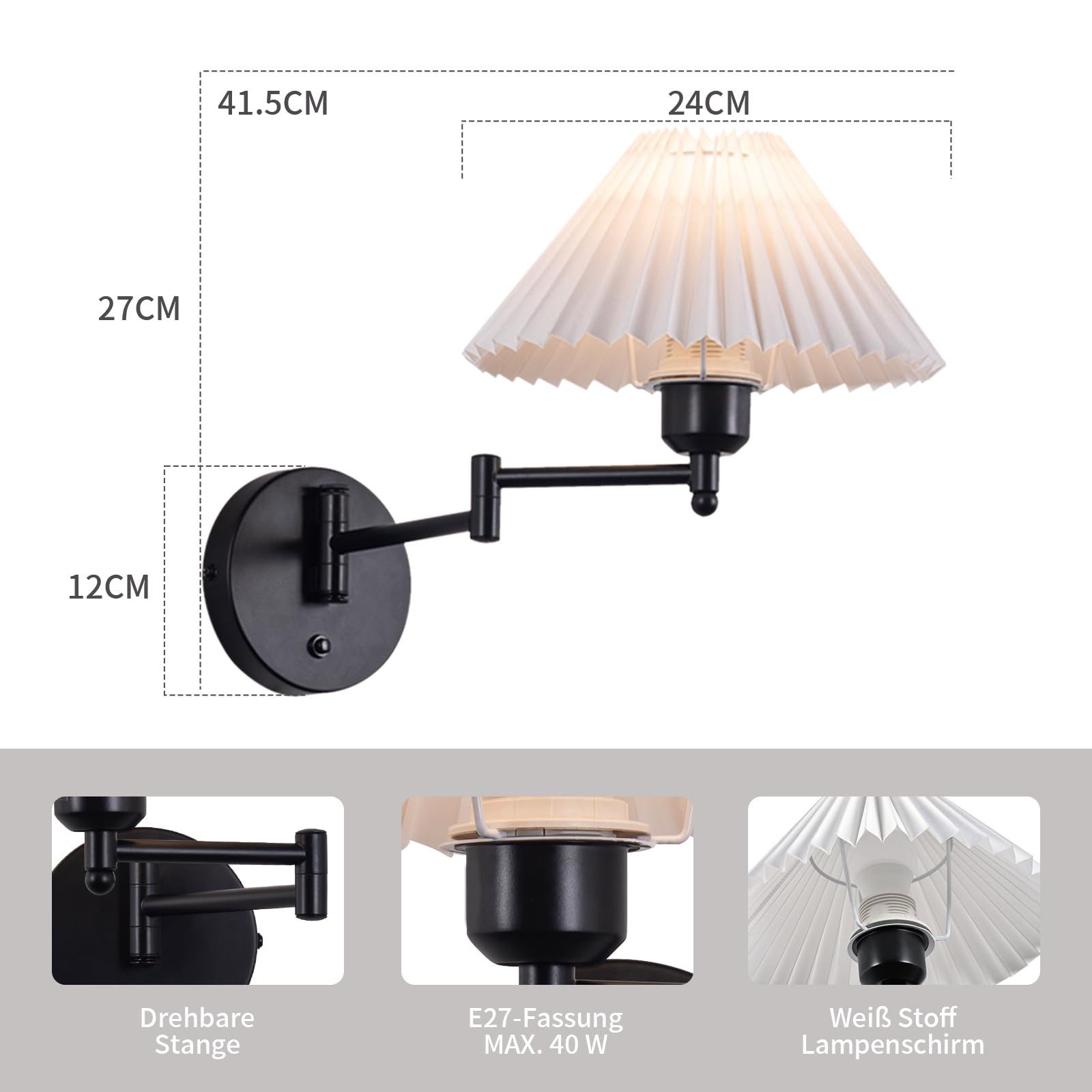 Nettlife Wandleuchte Innen Vintage E27 Weiß Stoff Retro Schwenkbar 40W Lampenschirm, Schwenkbar, ohne Leuchtmittel, Wandbeleuchtung Flurlampe Wandlampe – Bild 3 von 5