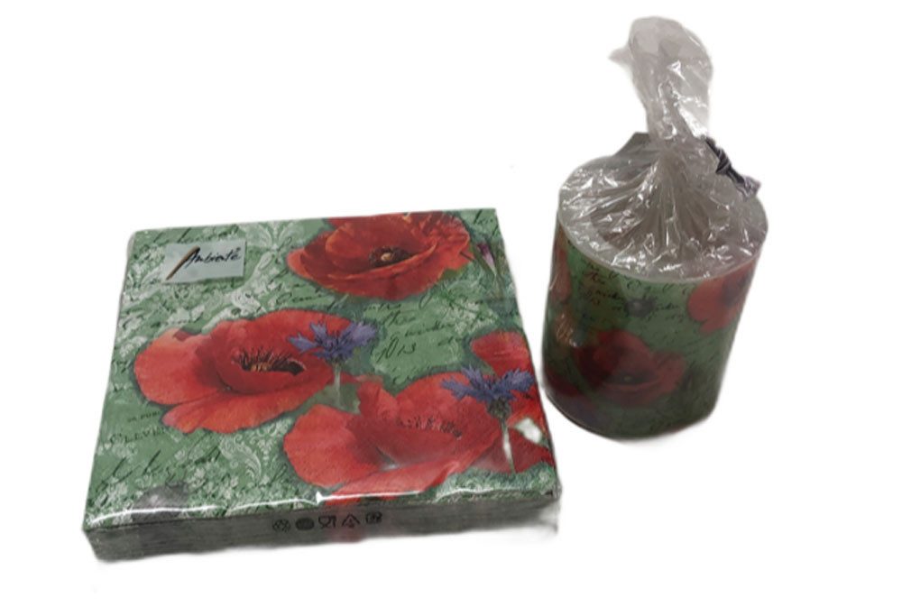 Steinnacher Bärbel Stumpenkerze Kerze und Servietten Mohnblüte grün (Kerze und Servietten)
