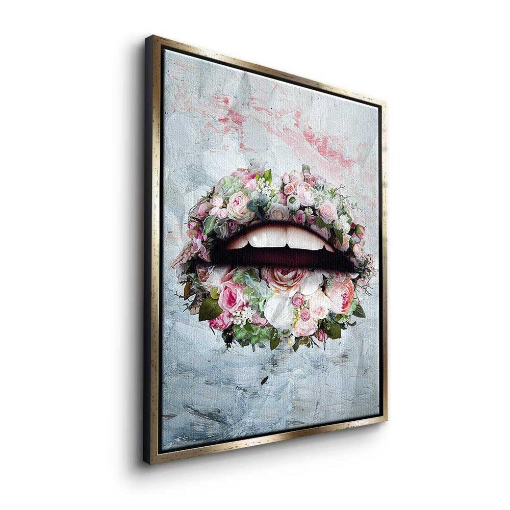 DOTCOMCANVAS® Leinwandbild, modernes & - silberner Leinwandbild Wandbild Flowers Rahmen Premium Art - Lips Pop 
