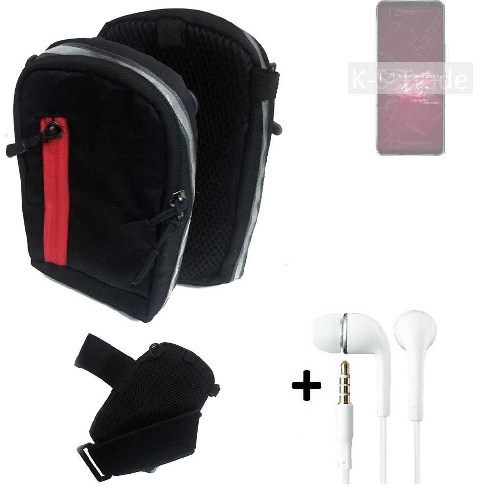 K-S-Trade Handyhülle für Asus ROG Phone 6, Outdoor Gürteltasche Holster Umhängetasche + Kopfhörer schwarz