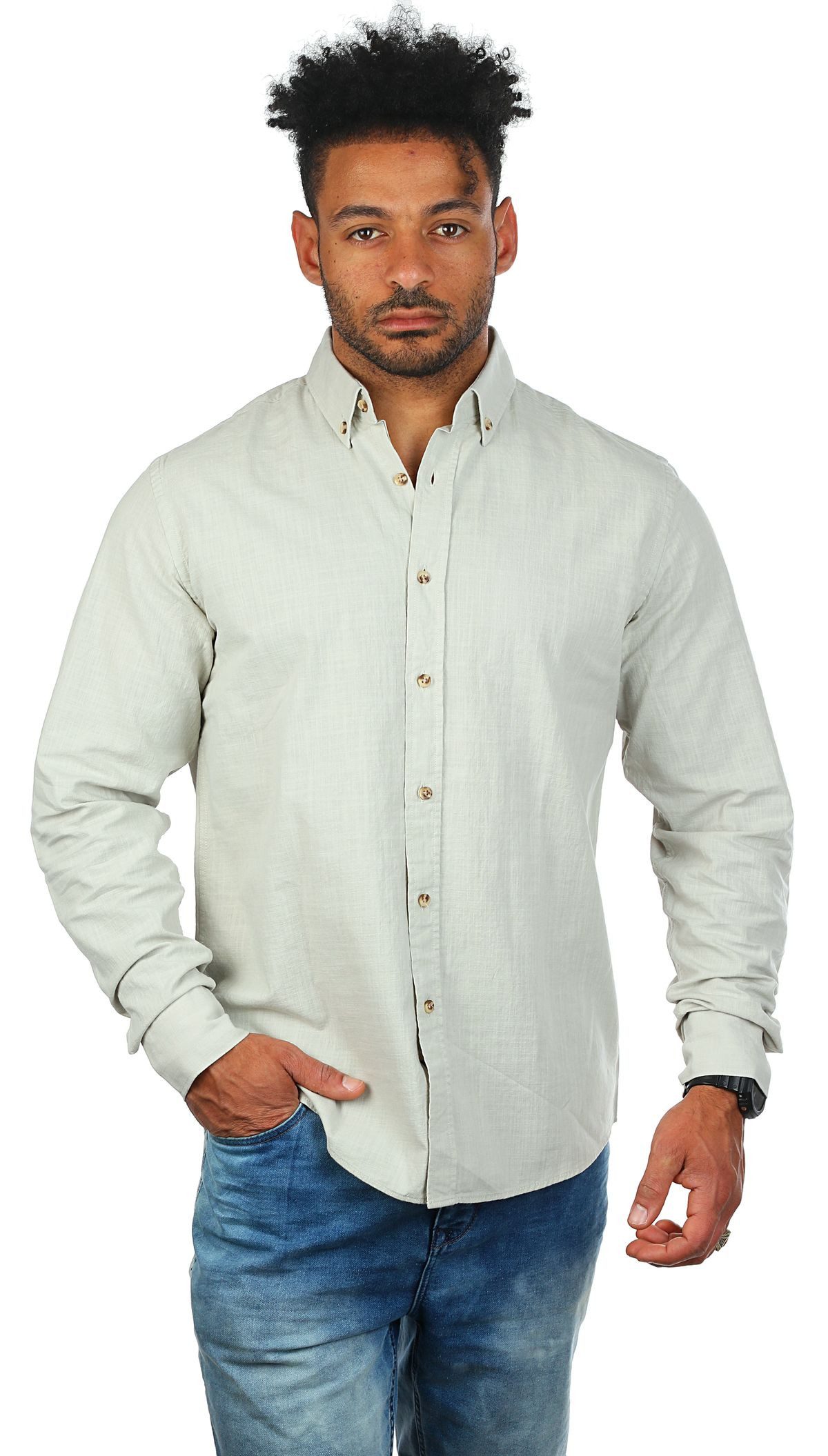 CARISMA Langarmhemd Herren Leinen Baumwoll Mix Casual Hemd 8529 Regular Button-Down-Kragen Langarm Uni