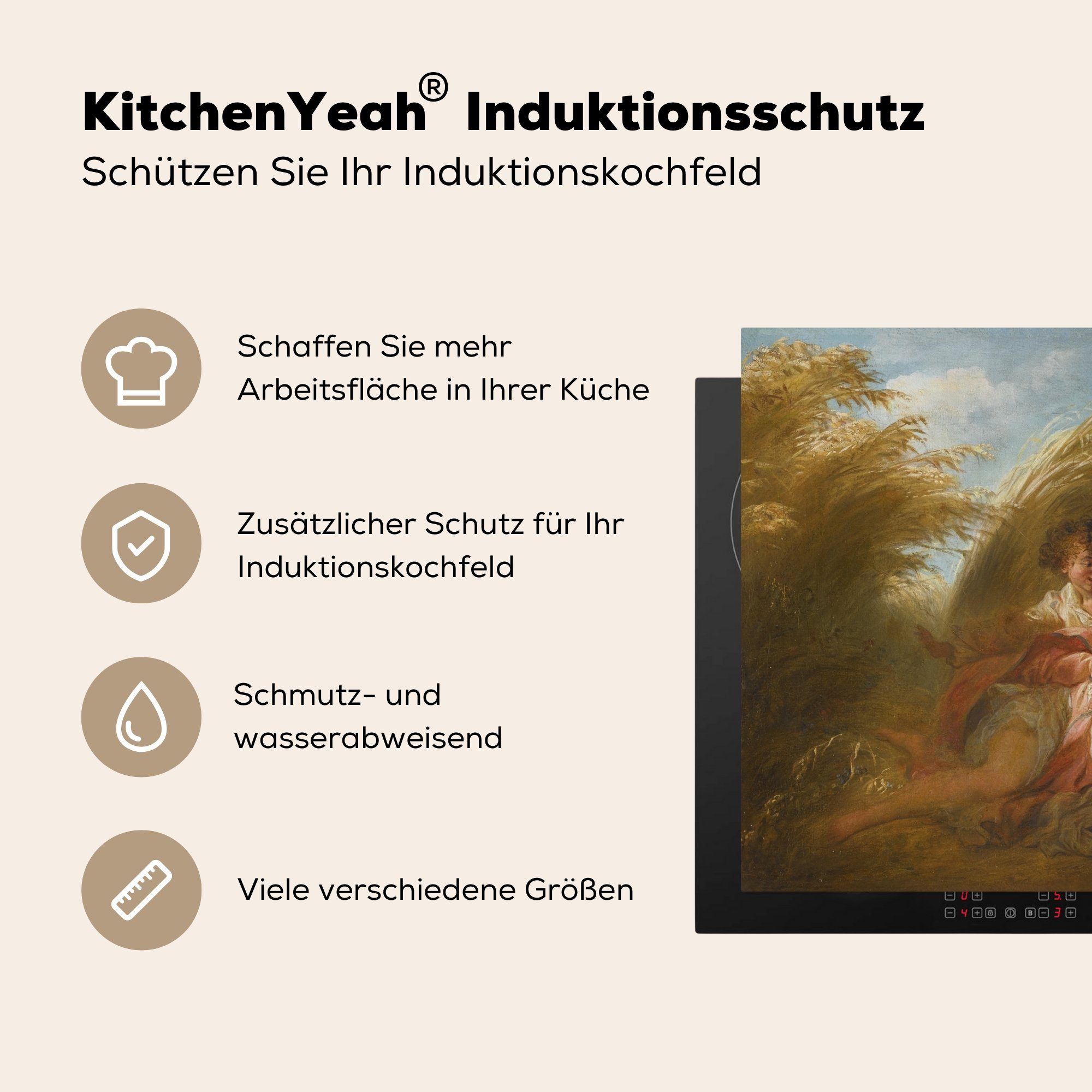 MuchoWow Herdblende-/Abdeckplatte Zwischen tlg), Weizen Arbeitsfläche Mobile cm, - Ceranfeldabdeckung Fragonard, nutzbar, von dem (1 Jean-Honoré Gemälde Vinyl, 70x52