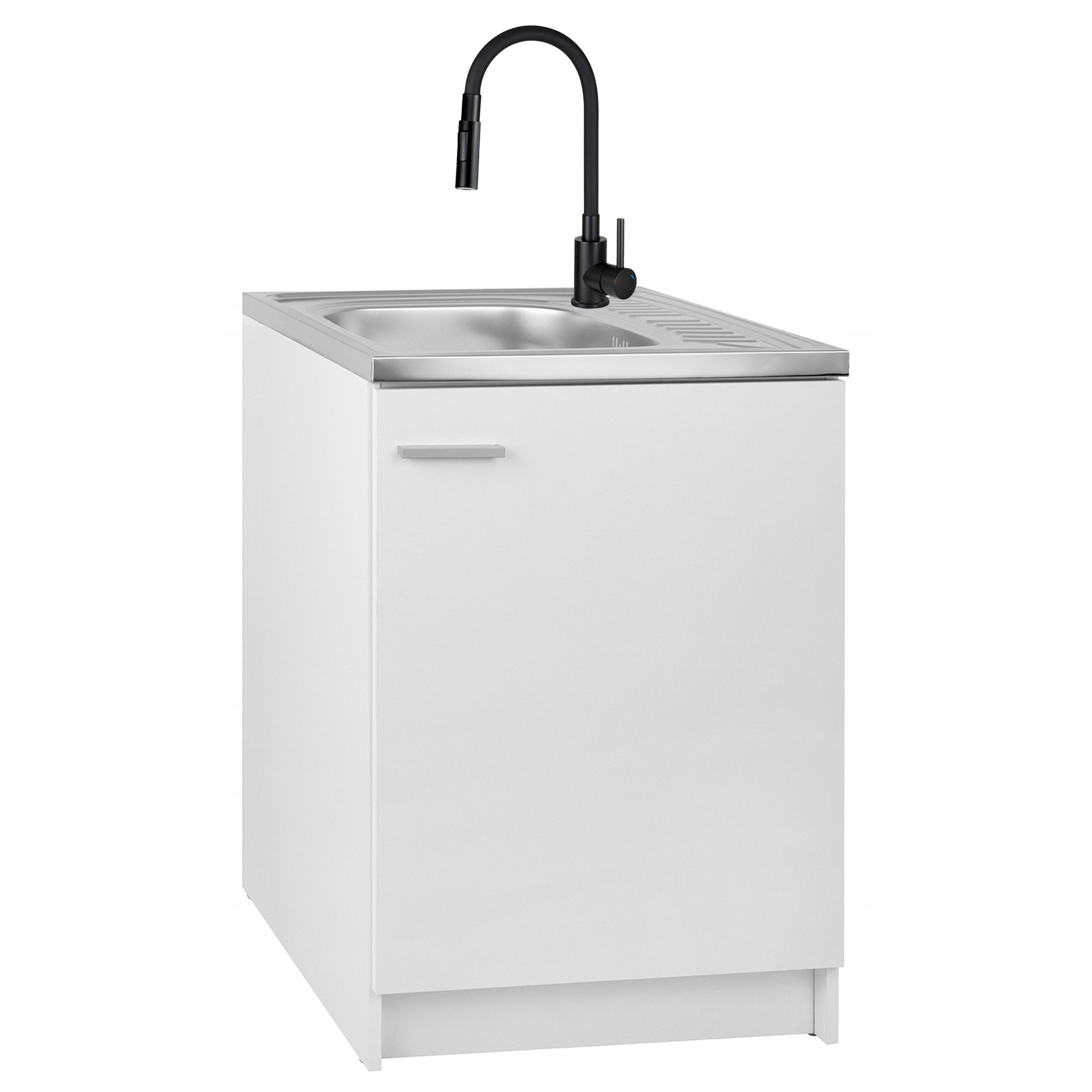 STAMAR Spülenschrank Komplettset 60cm Weiß Spüle Edelstahl Deante Schwarz 2in1 Siphon Unterschrank stehend 1 Tür 60x60cm Flexarmatur 2 Strahl Bohrung Set