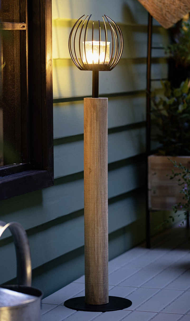 Dekoleidenschaft Windlicht Windlichtsäule "Kugel" aus Holz & Metall, 85 cm hoch, Kerzensäule, Dekosäule mit Windlichtglas für Wohnzimmer Balkon Terrasse, Holzsäule