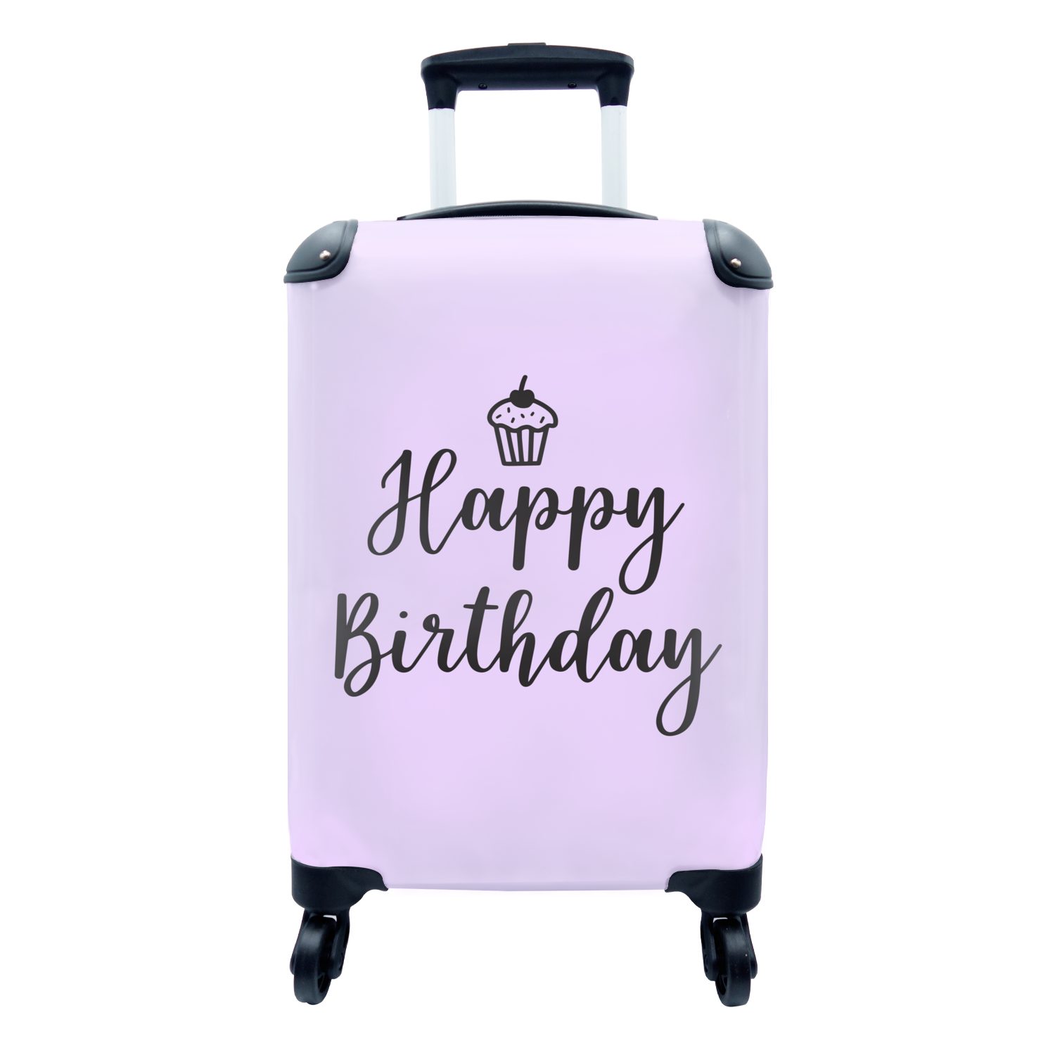 MuchoWow Handgepäckkoffer Cupcake mit dem Zitat "Happy Birthday" auf einem rosa Hintergrund, 4 Rollen, Reisetasche mit rollen, Handgepäck für Ferien, Trolley, Reisekoffer