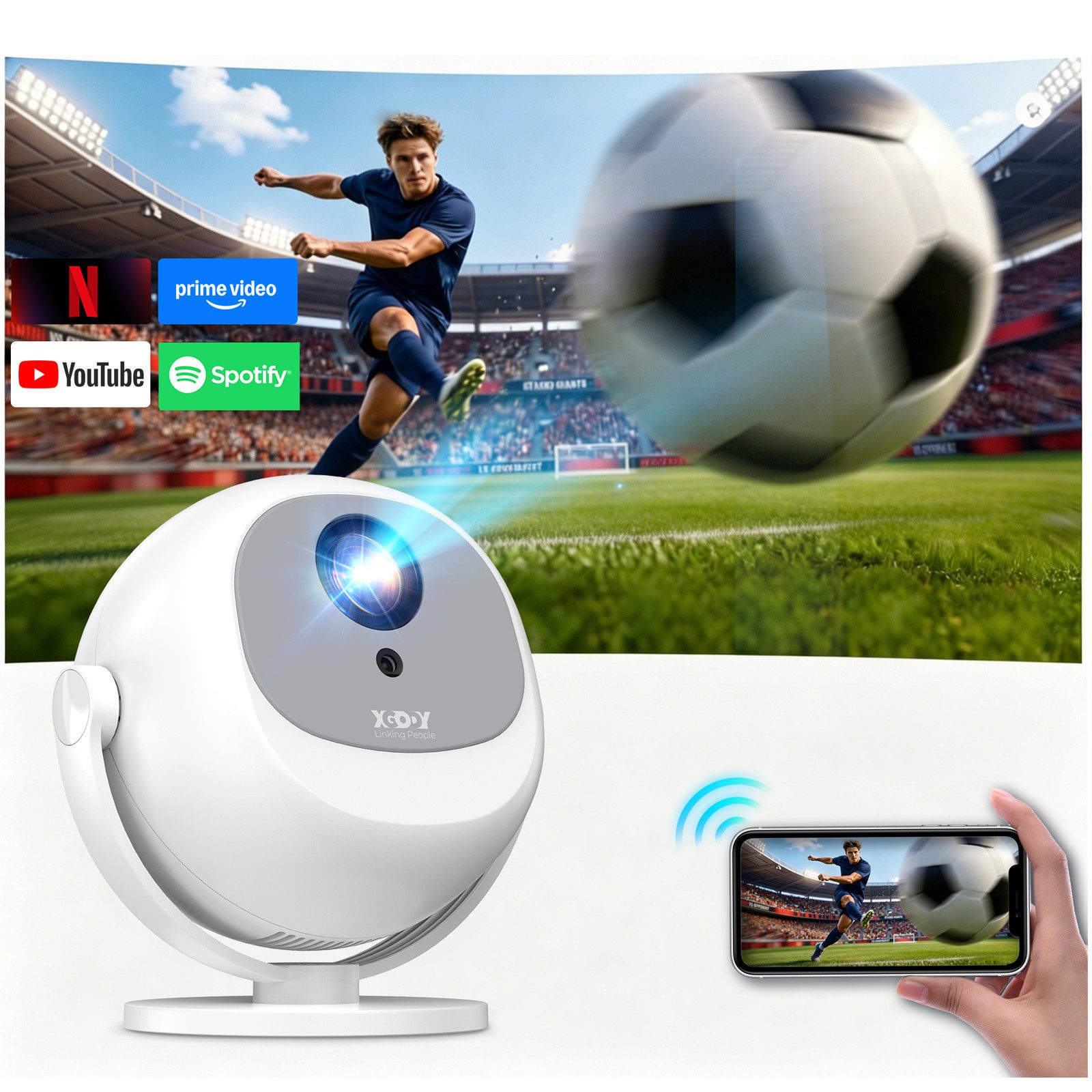 XGODY Gimbal A2 LCD Projektor LED beamer Full HD 1080P Unterstützt 4K Mini-Beamer (300 lm, 10000:1, 3840 x 2160 px, Bluetooth & WiFi 6, elektrischer Fokus, Projektionsgröße 35-130 Zoll)