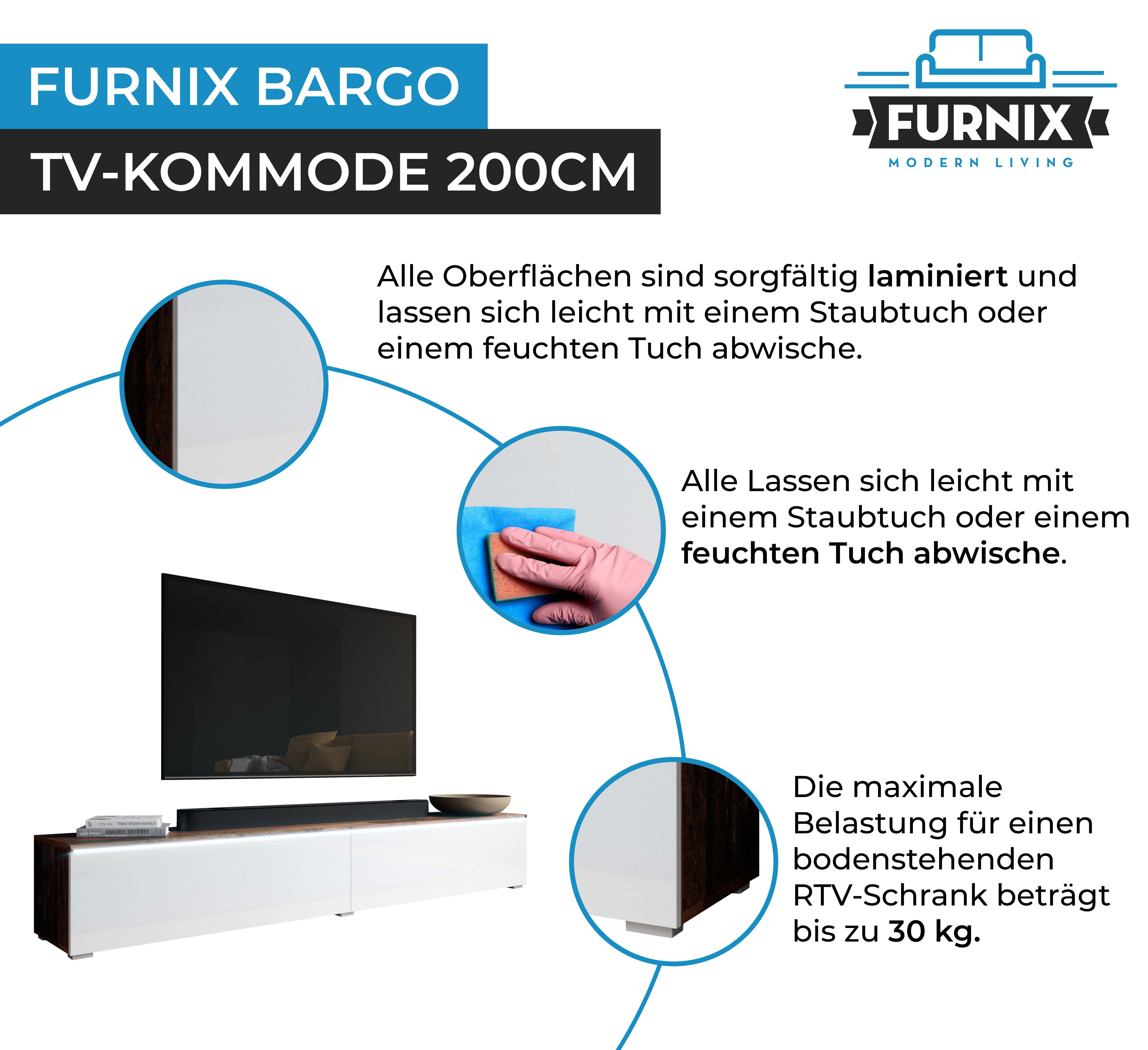 H34 T32 4 x wood/Weiß Hochglanz freistehend, B200 old x TV-Kommode ohne Schrank Furnix TV-Bank cm, Fächer, cm) x LED Lowboard 100 BARGO (2