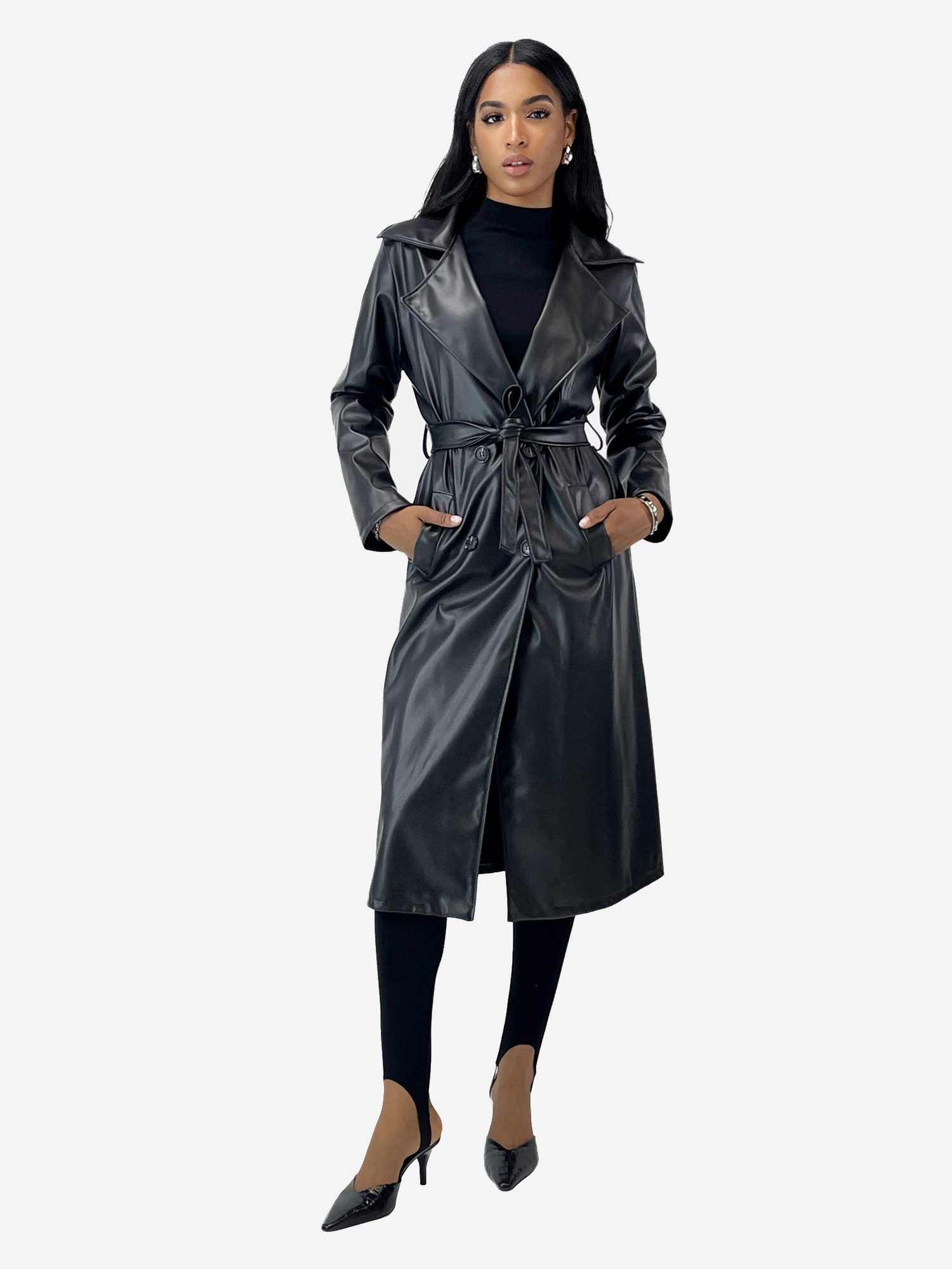 Elara Trenchcoat – Damen Mantel lang mit Bindegürtel und Reverskragen