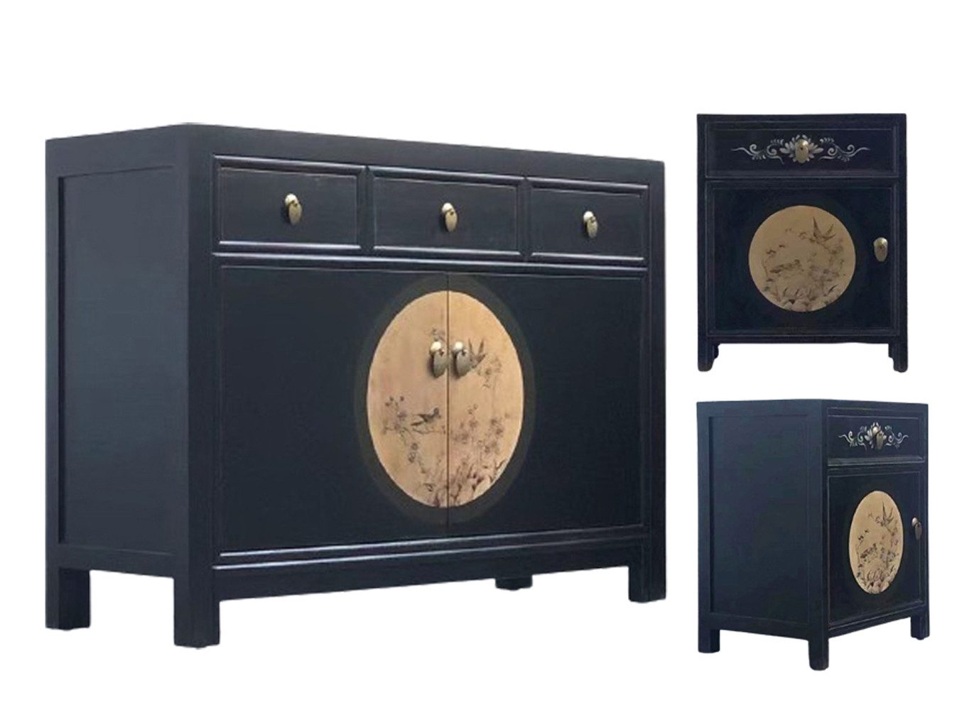 OPIUM OUTLET Schlafzimmer-Set Vintage Asia Kommode mit 2 passenden Nachtschränkchen, (Schlafzimmer-Kombination 3-teilig asiatisch orientalisch, Hochzeitsschrank Möbel komplett montiert, 3-tlg., Nachtkommoden Nachtkonsolen Nachtkästchen), Chinesisches Sideboard Kommode