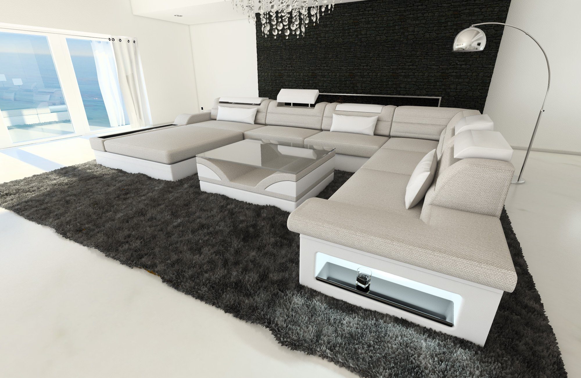 H2 Couch Sofa Dreams mit Designersofa Mezzo U Stoffsofa, Sofa wahlweise als Wohnlandschaft Schlafsofa, mit Polster Macchiato-Weiss XXL Bettfunktion Form LED,