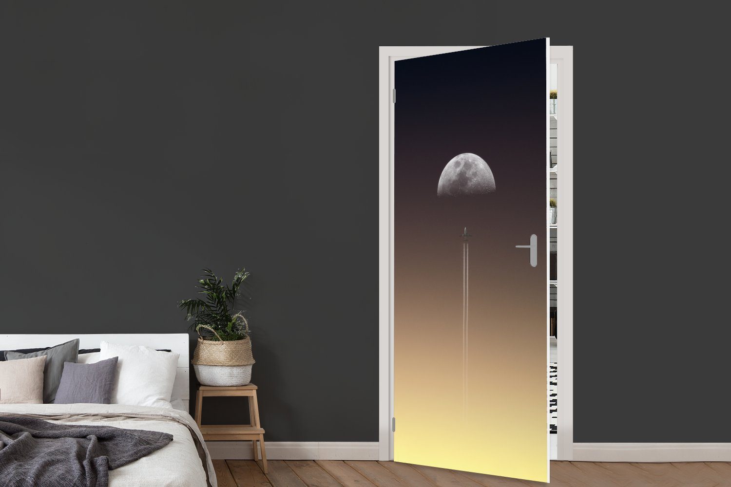 - Tür, für Fototapete Türtapete bedruckt, Matt, St), Rakete Türaufkleber, MuchoWow Mond cm Weltraum, (1 - 75x205