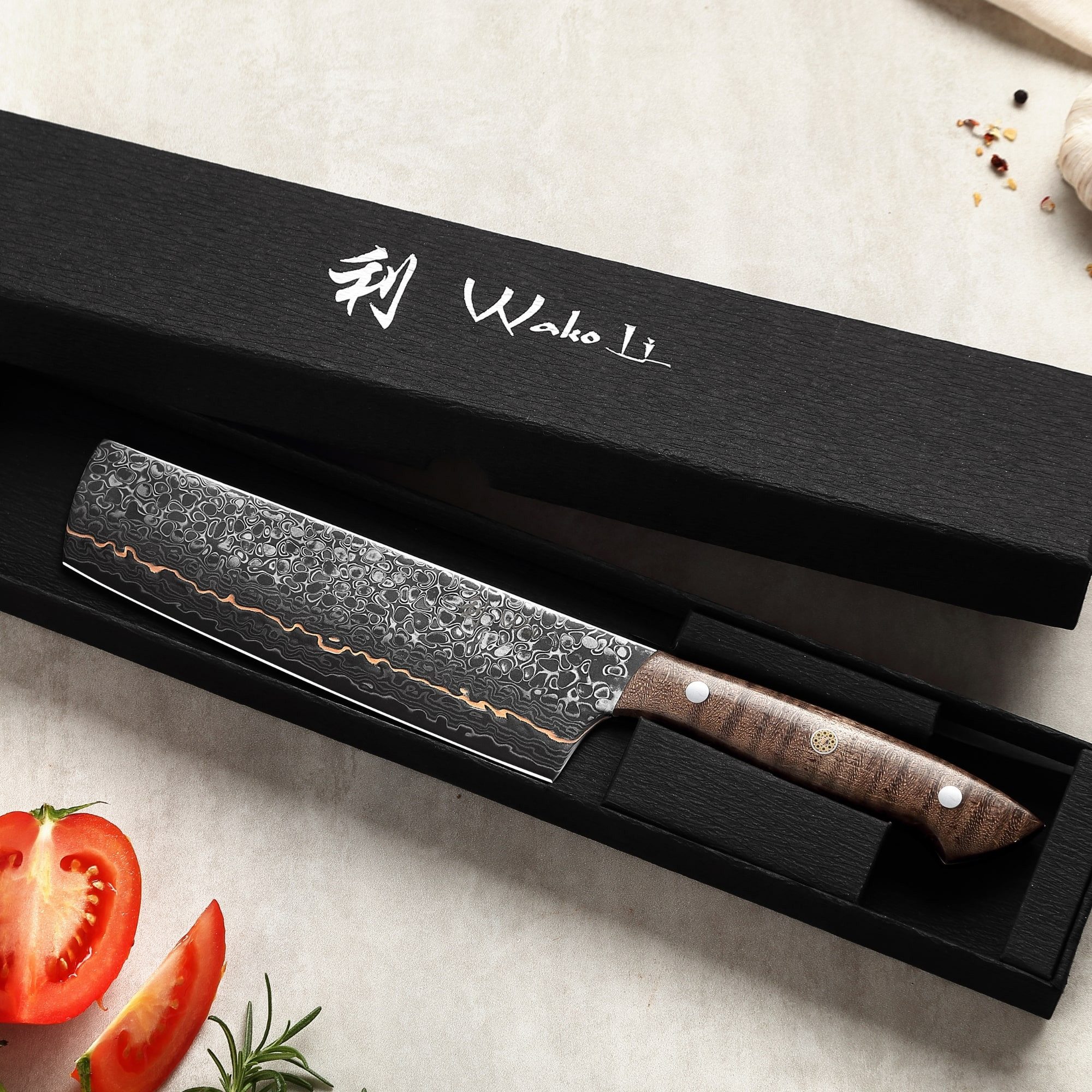 Wakoli Asiamesser Kawa Damast Nakiri Küchenmesser 18 cm Klinge mit Kupfereinlage, Damaststahl, Kupfereinlage, VG10