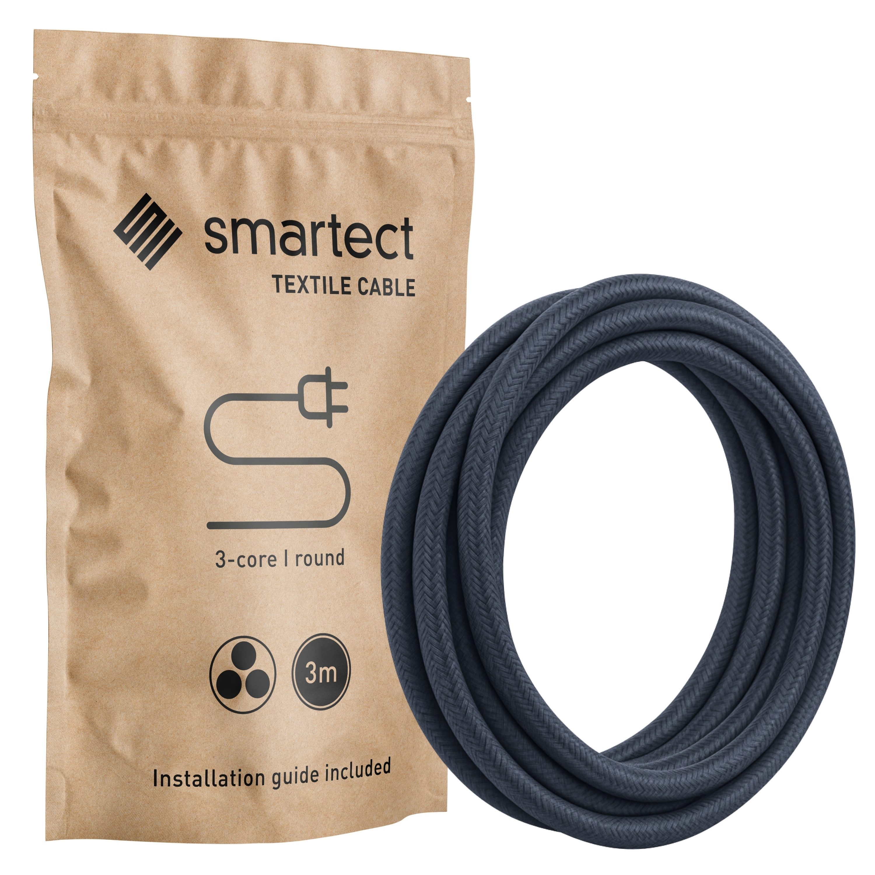 smartect smartect Textilkabel Round (3 x 0.75 mm) Stromkabel, (300 cm), Stoffkabel Elektro für eigenes DIY-Projekt