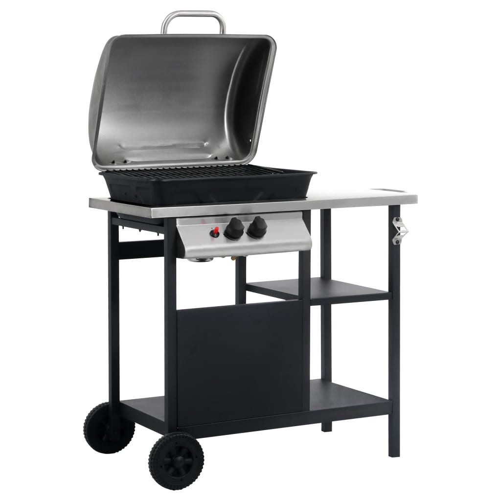 vidaXL Gasgrill Gasgrill mit Beistelltisch auf 3 Ebenen Schwarz und Silbern