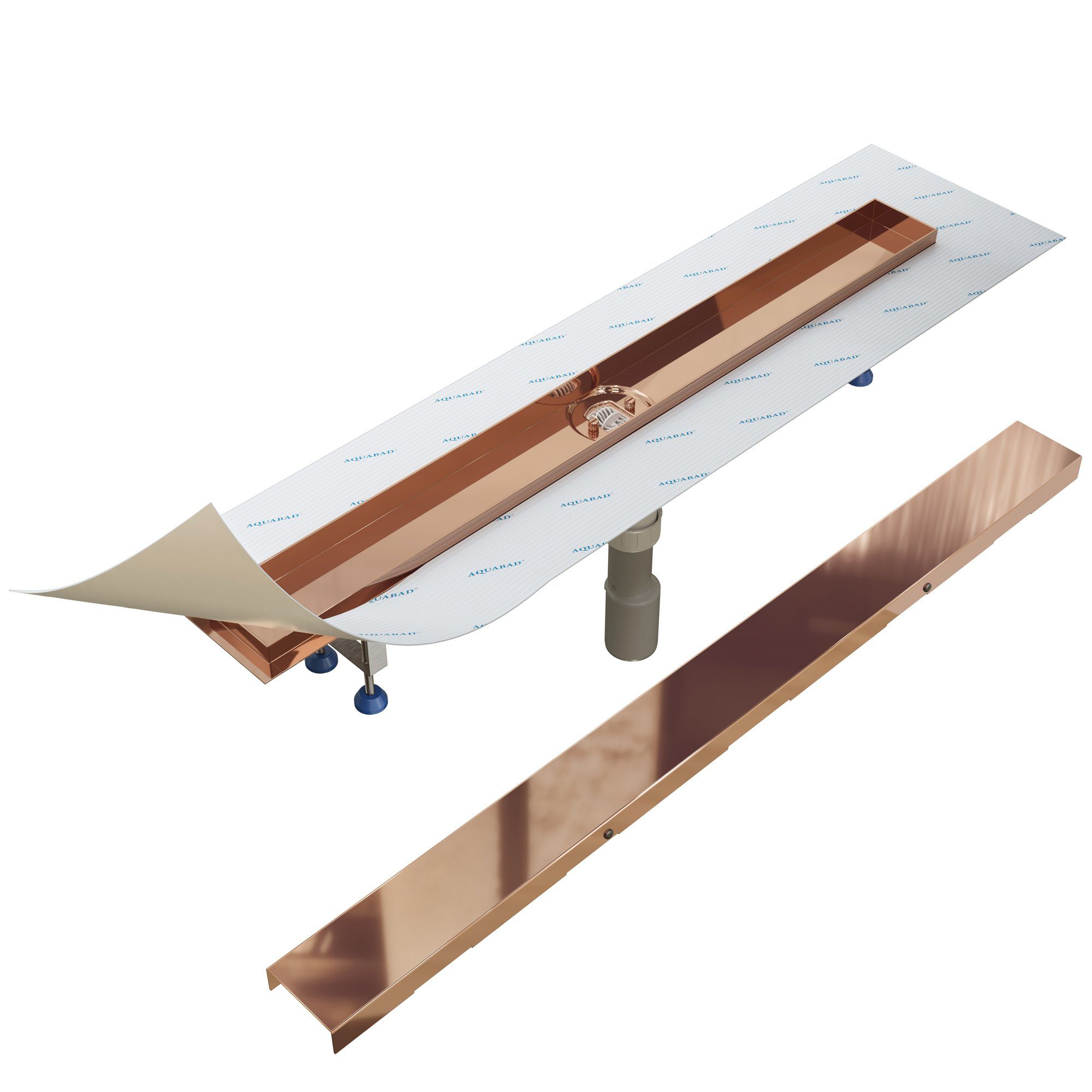 Aquabad® Duschrinne Edelstahl Hochglanz PVD Beschichtet, Viega Ablauf, Komplett-Set, Farbe: Roségold