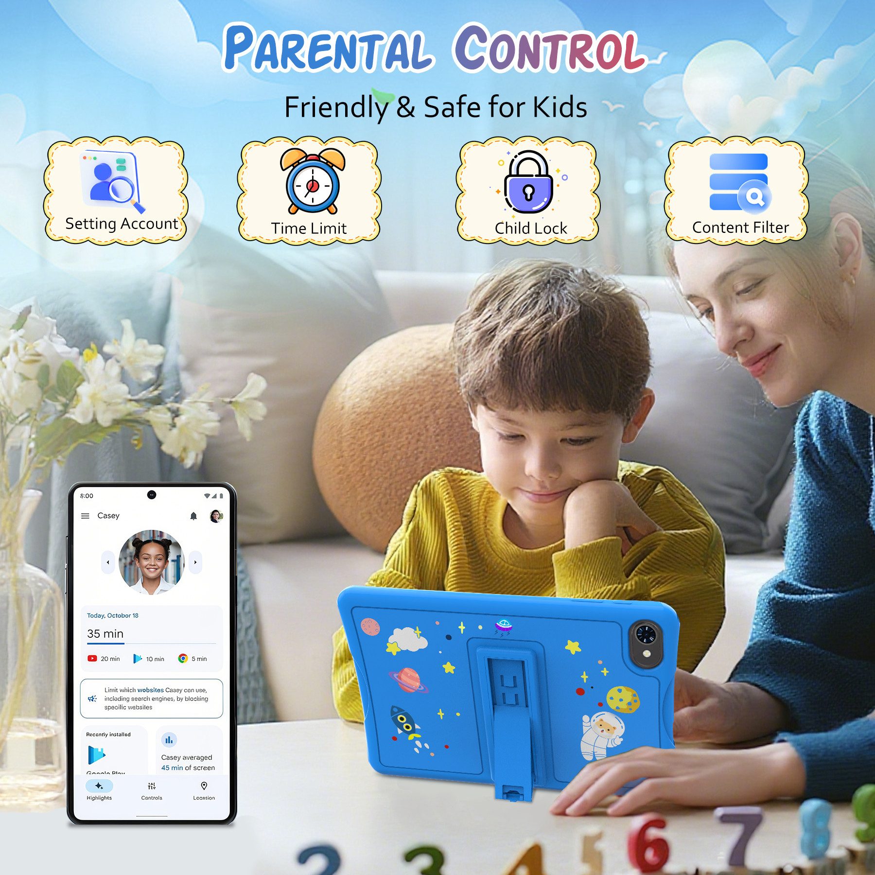 TABWEE 10.1'' Kids Android 15 mit Stylus Tablet (10.1", 64 GB, 5G wifi, Android 15, Google Kids Space, Gemini AI, mit Stift) blau