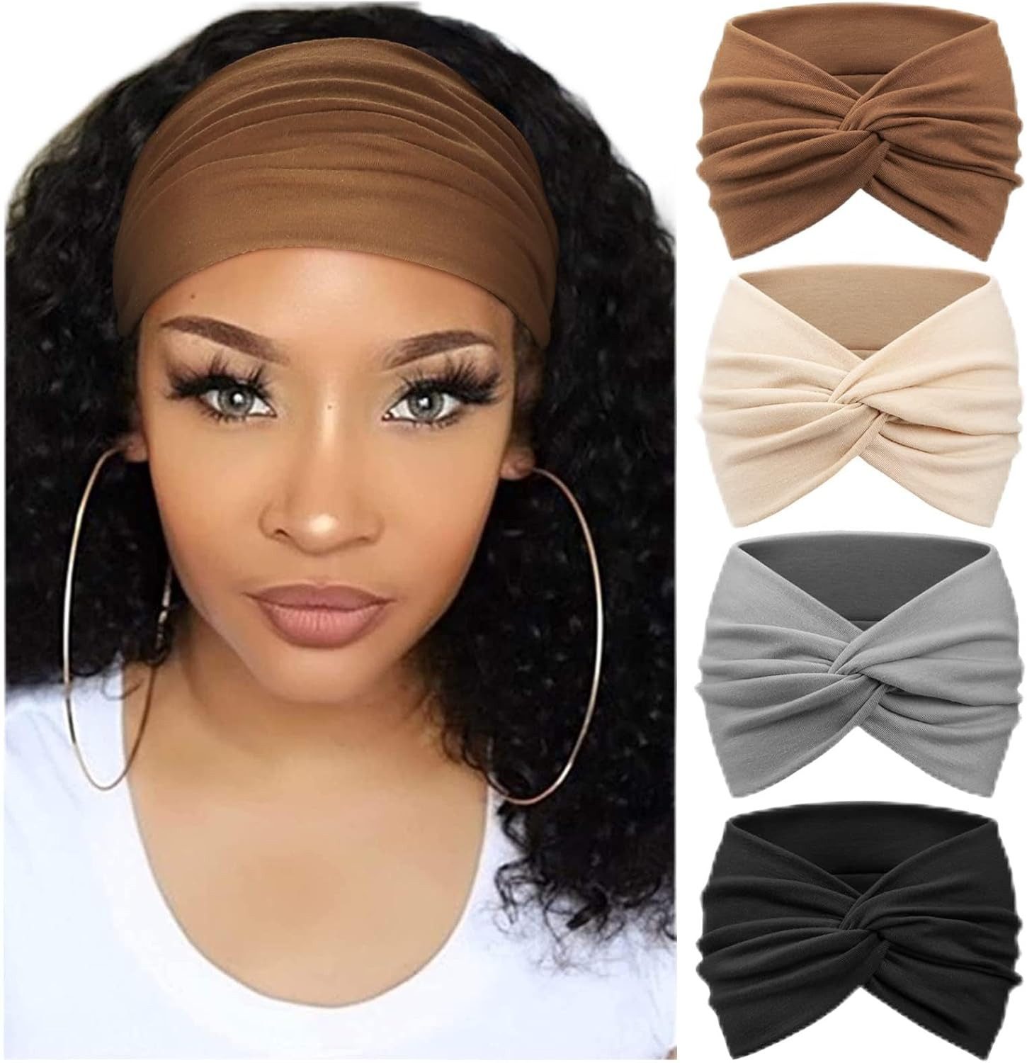 Zaewry Haargummi 4 Stück Stirnbänder Damen Boho Breite Haarband Weiche Yoga Stirnband