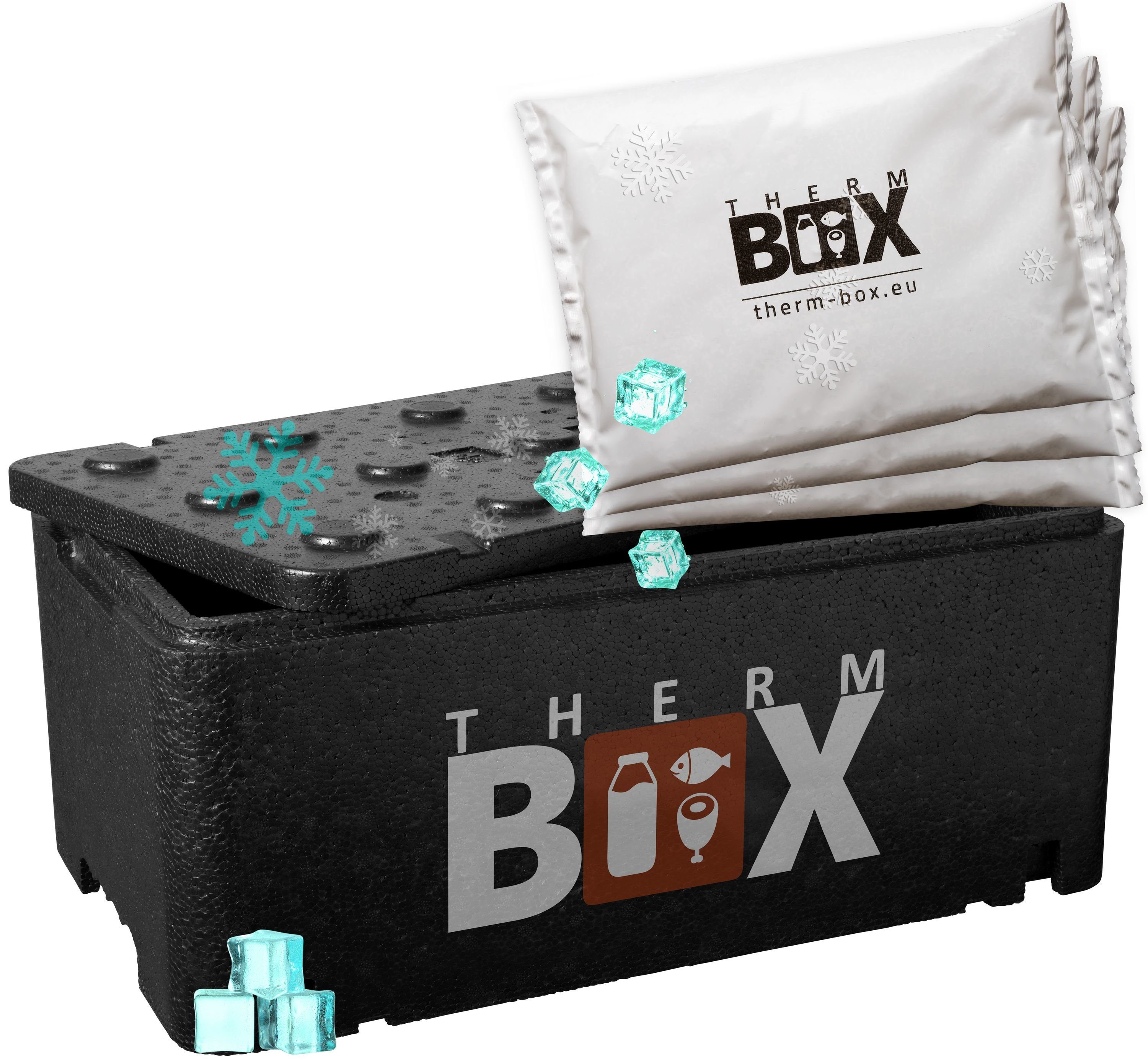 THERM-BOX Thermobehälter Profibox 20BL mit 3 Kühlkissen, Styropor-Piocelan, (0-tlg., Thermbox mit Kühlkissen), Kühlakku für Kühlbox 20L Innen: 45,7x25,8x17cm Transportbox