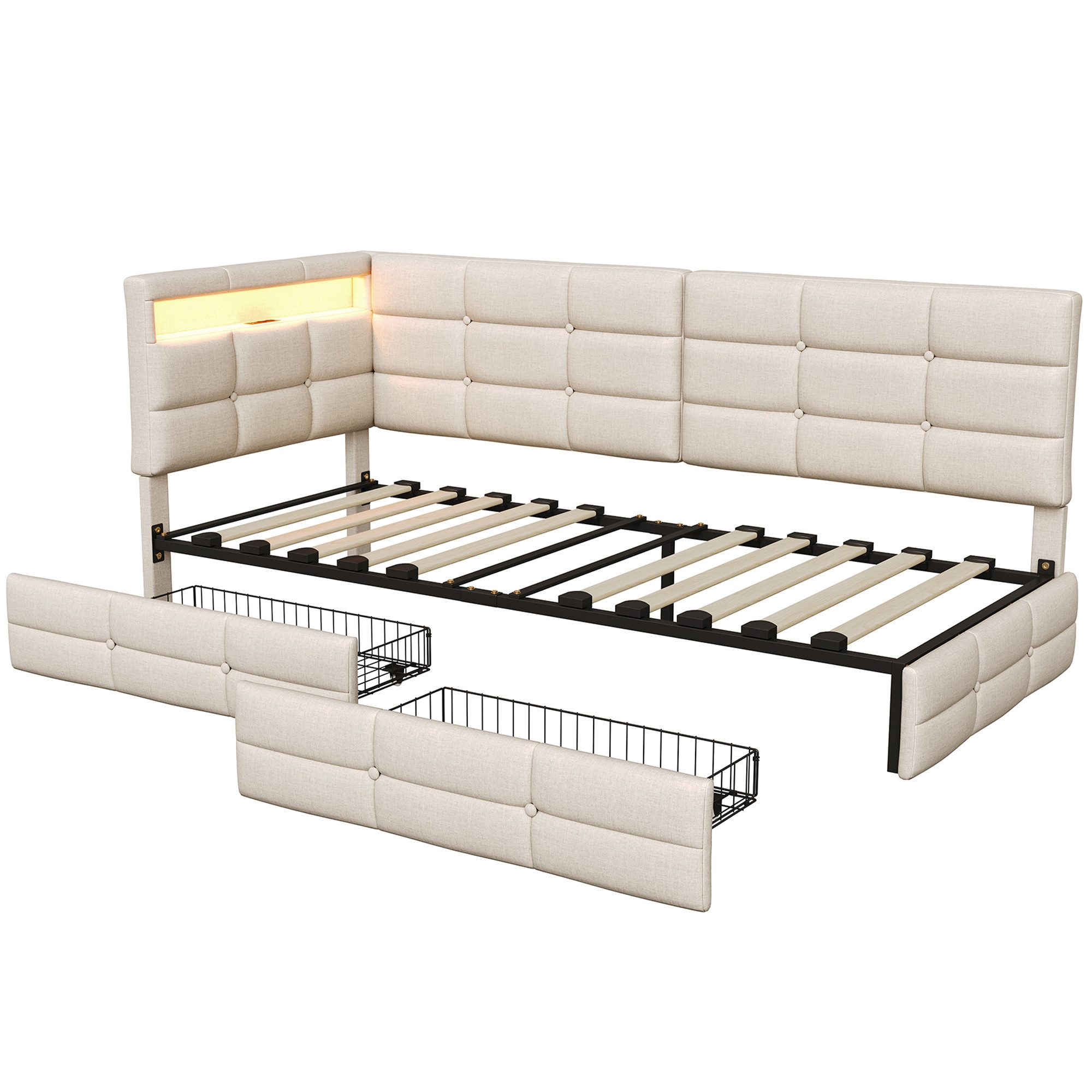 ADWOLT Schlafsofa Daybett Polsterbett Mit LED-Licht und USB-Anschluss, Set 1 Teile, 90x200 cm,Mit 2 Schubladen,Leinenstoff-Beige