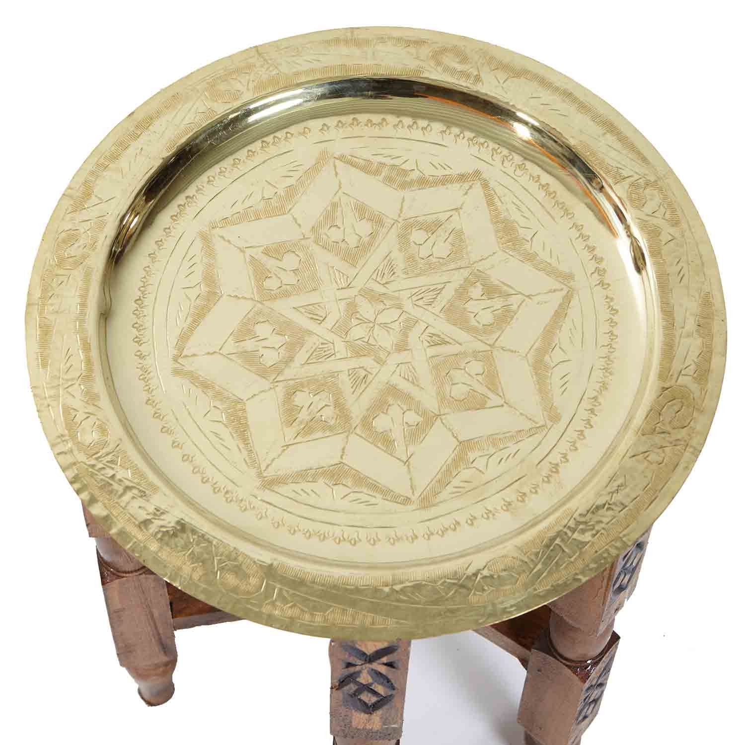 Handmade marokkanischer TA6158, Moro mit Casa Beistelltisch Karam Ø 30, - Orientalischer Teetisch Holz Messing Tablett Gold, 30 cm, Serviertablett Farbe mit Beistelltisch Tisch Handgefertigter Klapptisch