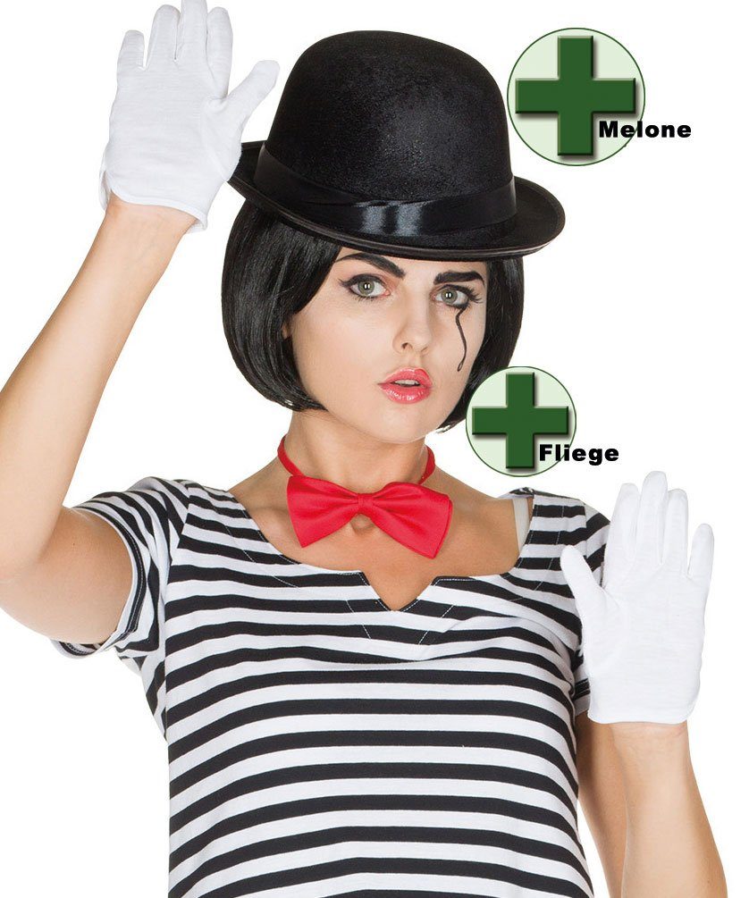 Karneval-Klamotten Kostüm Pantomime Ringel Tunika MIT Melone und MIT Fliege, Kostüm schwarz weißes Ringel Shirt Mime Clown Harlekin