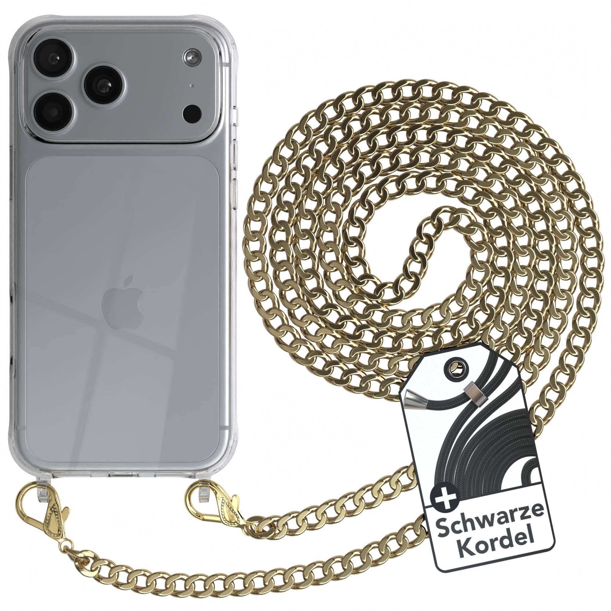 EAZY CASE Handykette 2in1 Metallkette für Apple iPhone 18 Pro Max 6,9 Zoll, Hülle mit Band Silikonhülle durchsichtig Necklace Cover Slimcover Gold