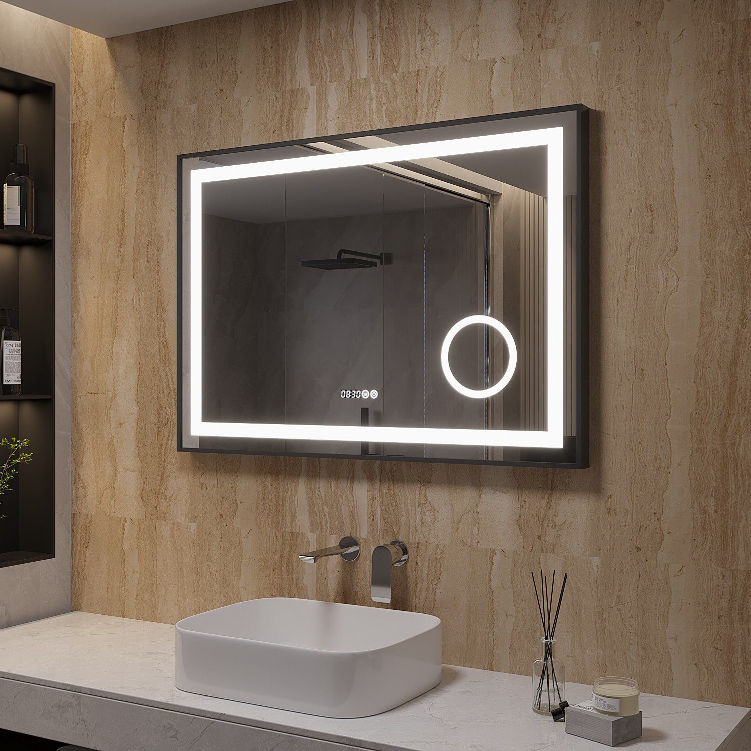 AQUABATOS Spiegel mit Beleuchtung Bad groß schwarz Badspiegel mit Uhr (Badz günstig online kaufen