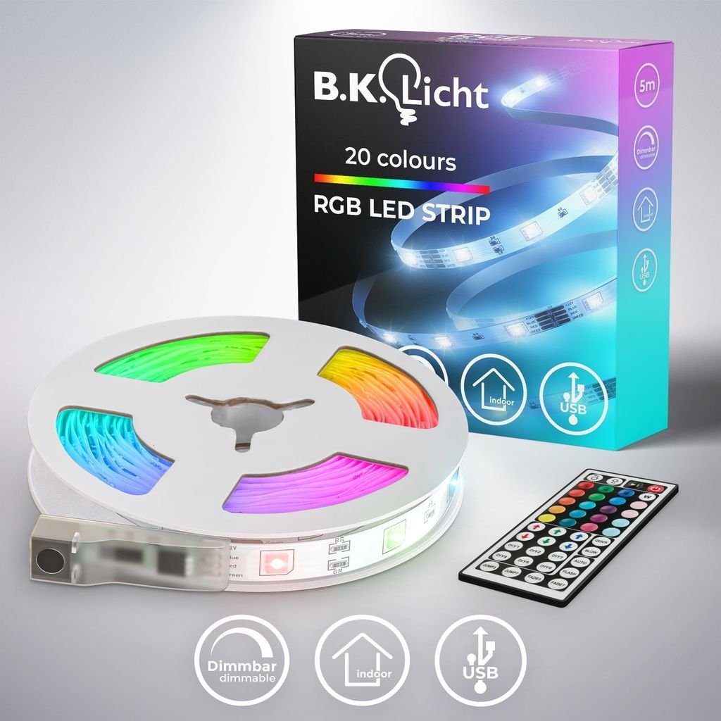 LED-Streifen Fernbedienung RGB LEDs 6W 150 mit bunt kürzbar Farbwechsel selbstklebend 5m USB LED Lichtleiste weiß B.K.Licht BKL1561, - dimmbar Band Strip