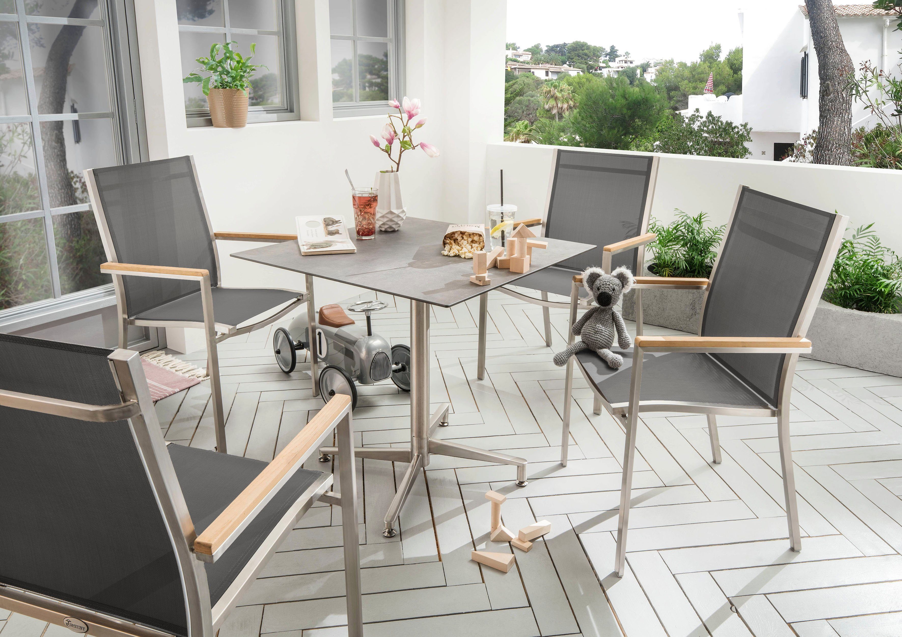 Tisch HPL 5-tlg), Stapelsessel anthrazit, Edelstahl, Textilene (Set, Destiny MACAO Garten-Essgruppe LOFT, 4 Platte