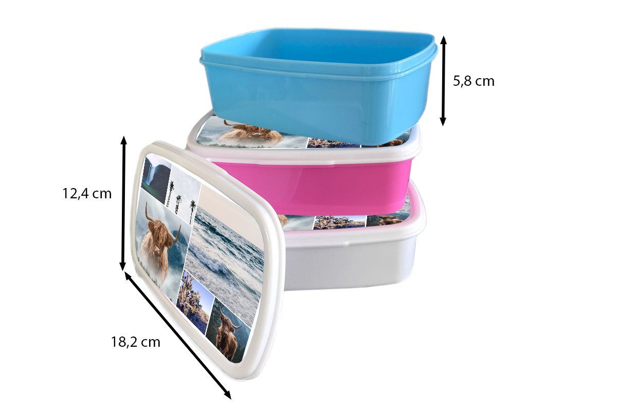 MuchoWow Lunchbox Schottischer Snackbox, rosa Palme, Highlander Erwachsene, - Kunststoff, Kinder, Mädchen, Brotdose Wasserfall - - Collage für (2-tlg), Brotbox Kunststoff