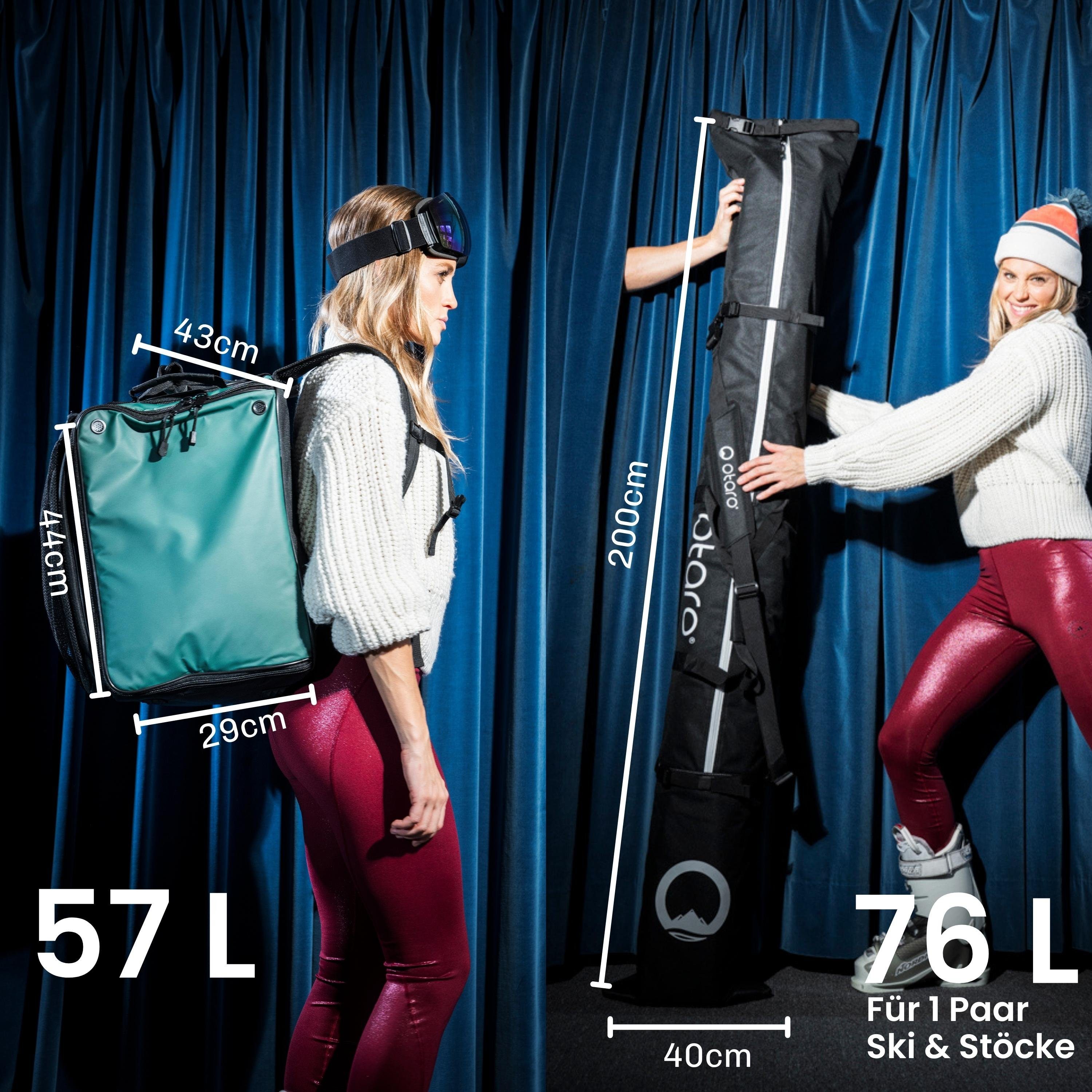 1 (Schutz Set: Ausrüstung, Paar ausklappbare für Ski Paar 1 & Tannengrün durchdacht, Schwarz Sporttasche für Ski Stöcke) Skischuhtasche Standfläche, deine Skitasche, Otaro + Pro-Set Perfekt für