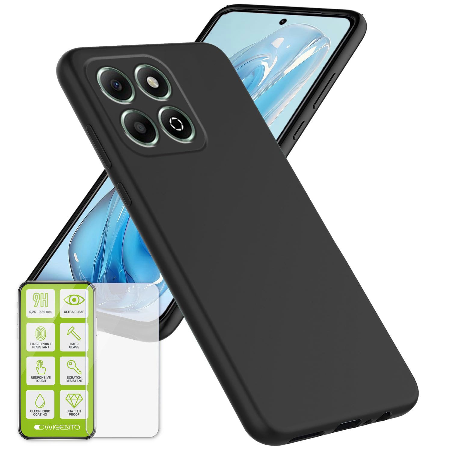 Wigento Handyhülle Für ZTE Blade A55 Silikon TPU Schutz Hülle Schwarz + H9 Hart Glas, Produktset TPU Hülle mit Hart Glas