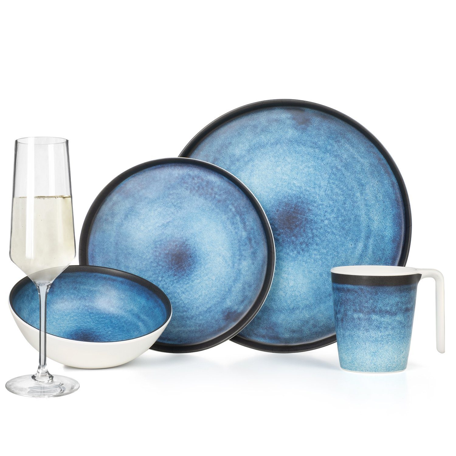 Moritz Geschirr-Set Camping Geschirr Deep Ocean + Milano Champagnergläser