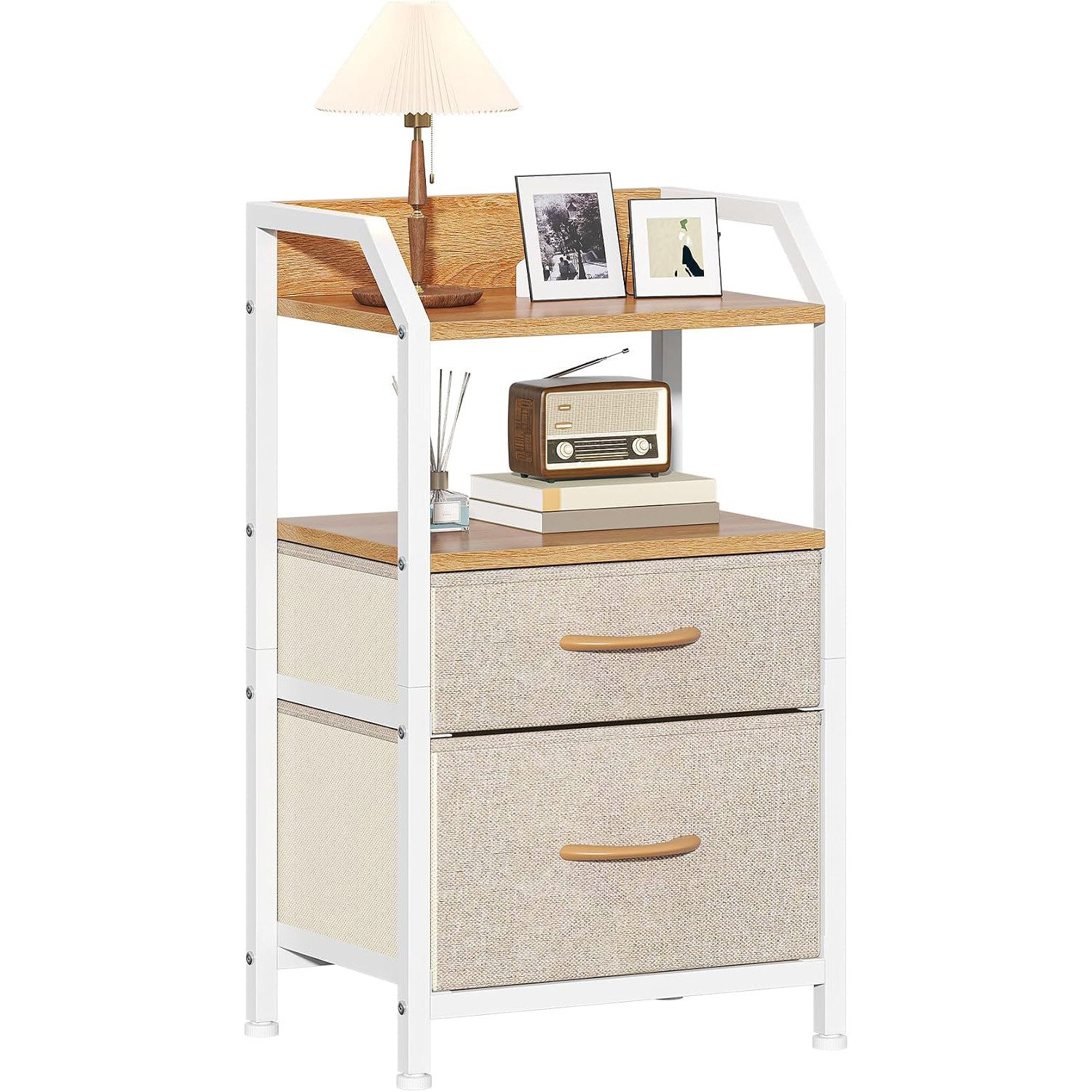 IDEASY Kommode Nachttisch 2 Stoffschubladen & Regal, Metall & Holzoptik, schmal (Packung, Schmaler Kommode – Rutschfeste, verstellbare Fußschoner), Beistelltisch mit offenem Fach – 40×30×70 cm, für Schlafzimmer & Büro
