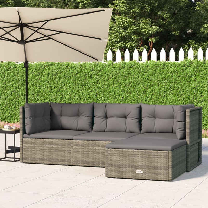 vidaXL Gartenlounge-Set 4-tlg. Garten-Lounge-Set mit Kissen Grau Poly Rattan, (1-tlg)