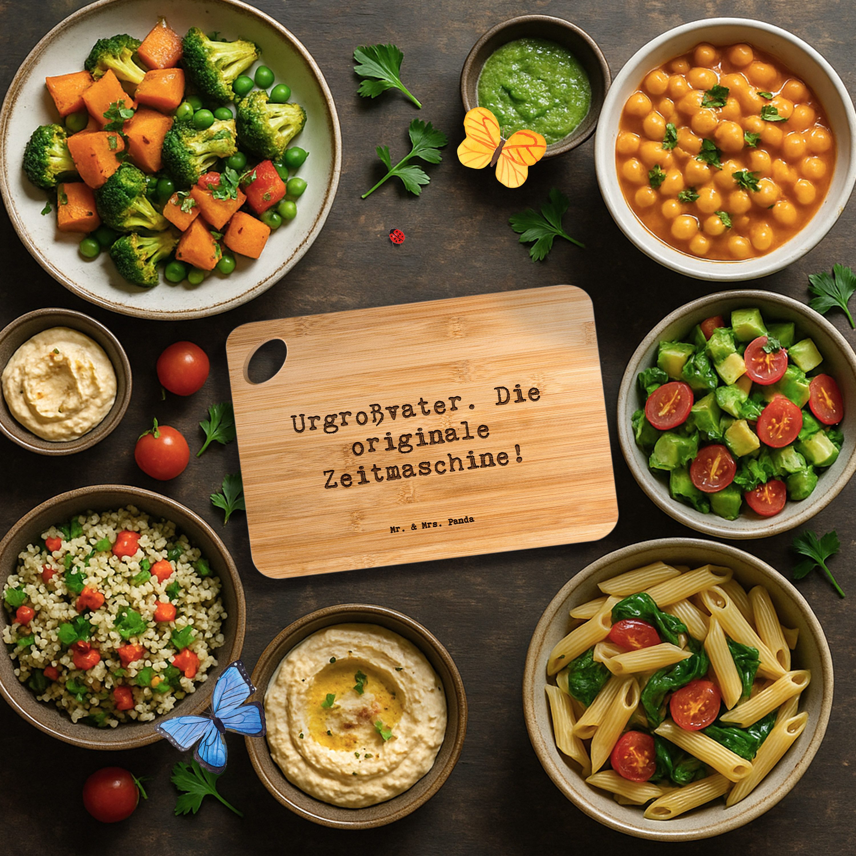 Mr. & Mrs. Panda Servierbrett Spruch Urgroßvater Zeitmaschine, Schneidebrett, Transparent, Geschenk, Bambus, (Packung, 1-St., Urgroßvater Familie Verwandte)