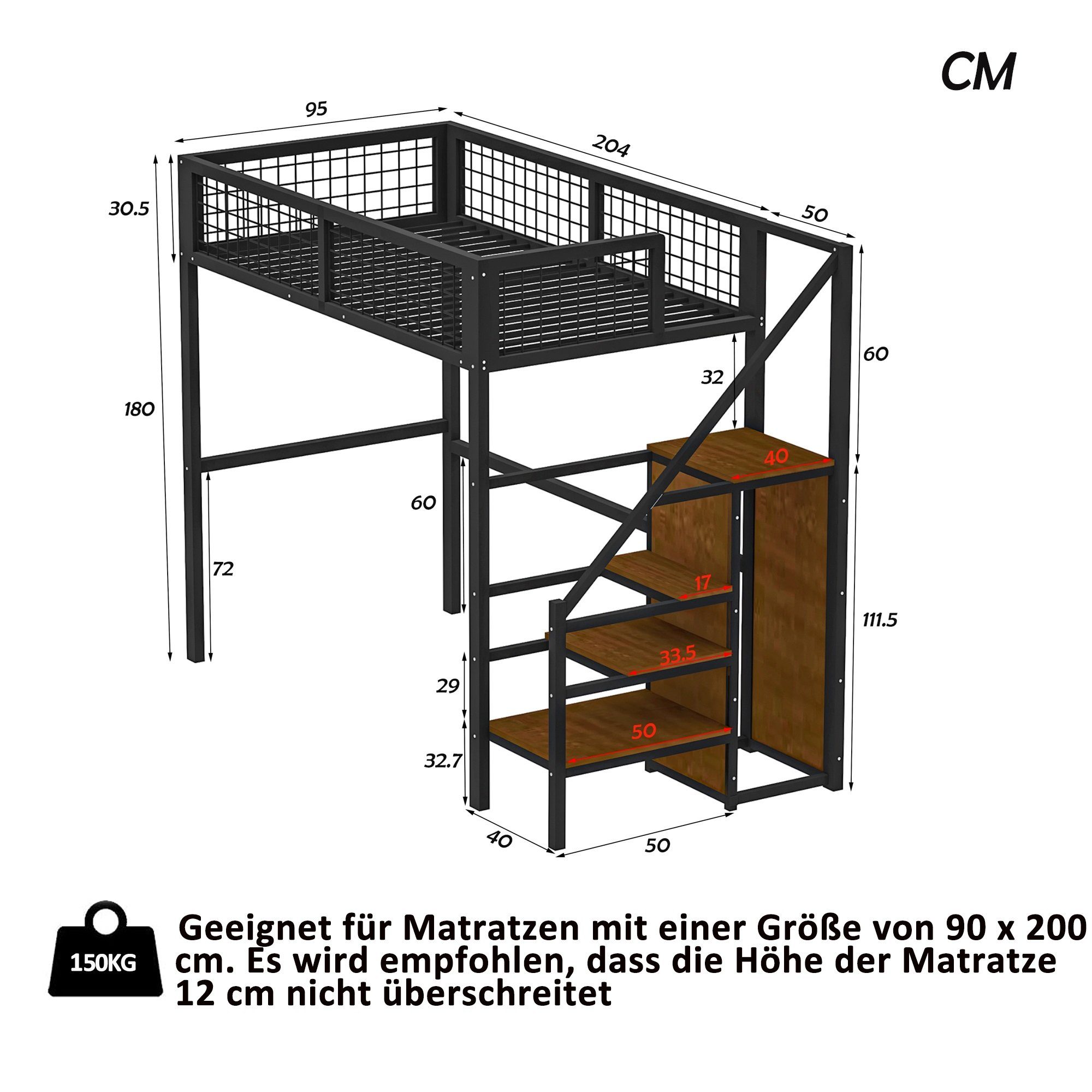 REDOM Metallbett Kinderbett 90x200 Leiter, Stuhl und Aufbewahrungsregal, Funktionsbett Stauraumbett Kein Kleiderschrank), Hochbett cm Matratze, schwarz ohne mit Einzelbett Eisenrahmen (mit